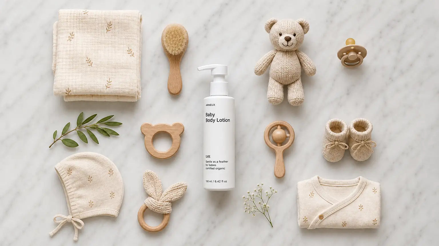 CARE baby body lotion flatlay with teddy bear, wooden toys, swaddle blanket and booties on white marble