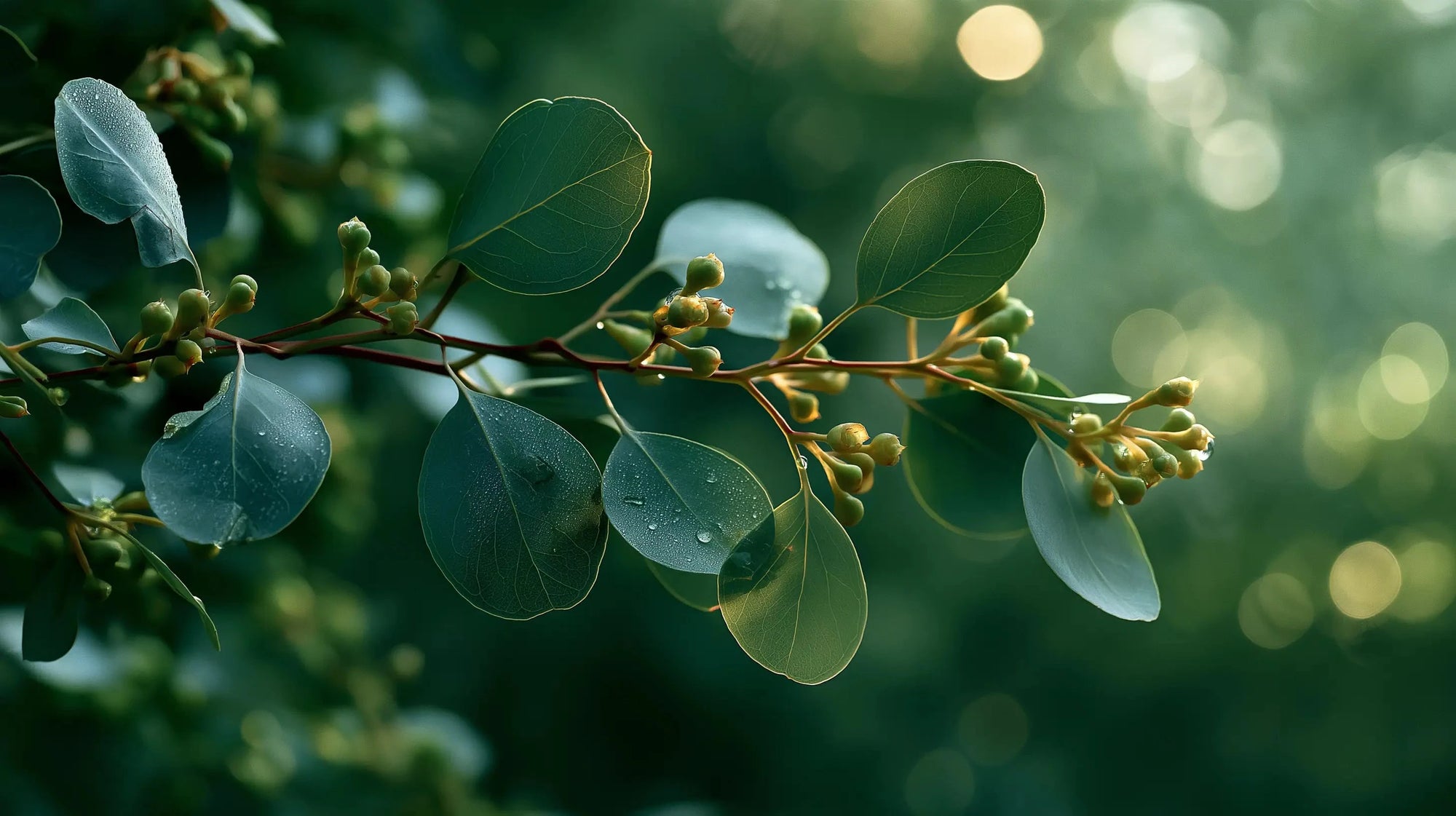 Close-up of a green leafy eucalyptus branch with small buds and dew drops, set against a soft blurred green bokeh background