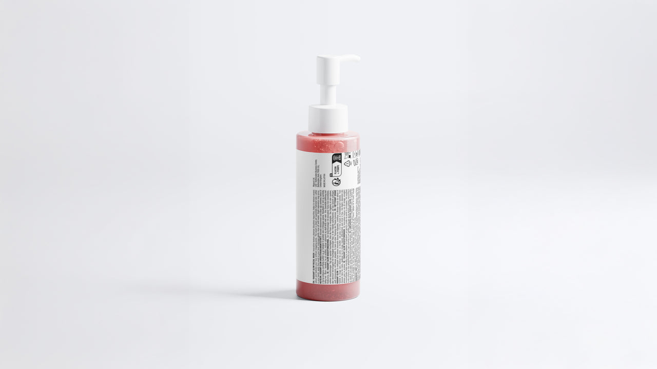 CLEANSE radiant glow facial wash bottle side view showing back label on grey background