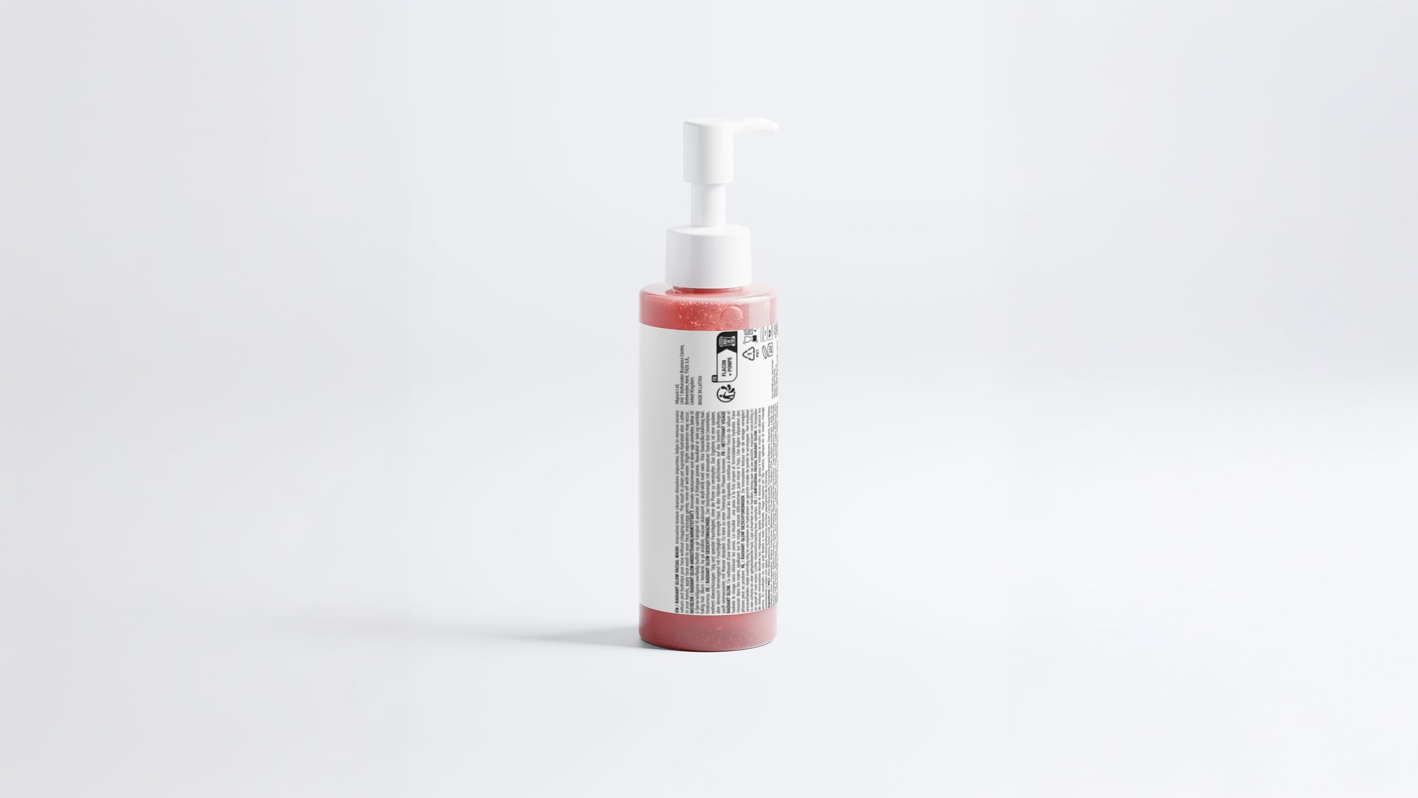 CLEANSE radiant glow facial wash bottle side view showing back label on grey background