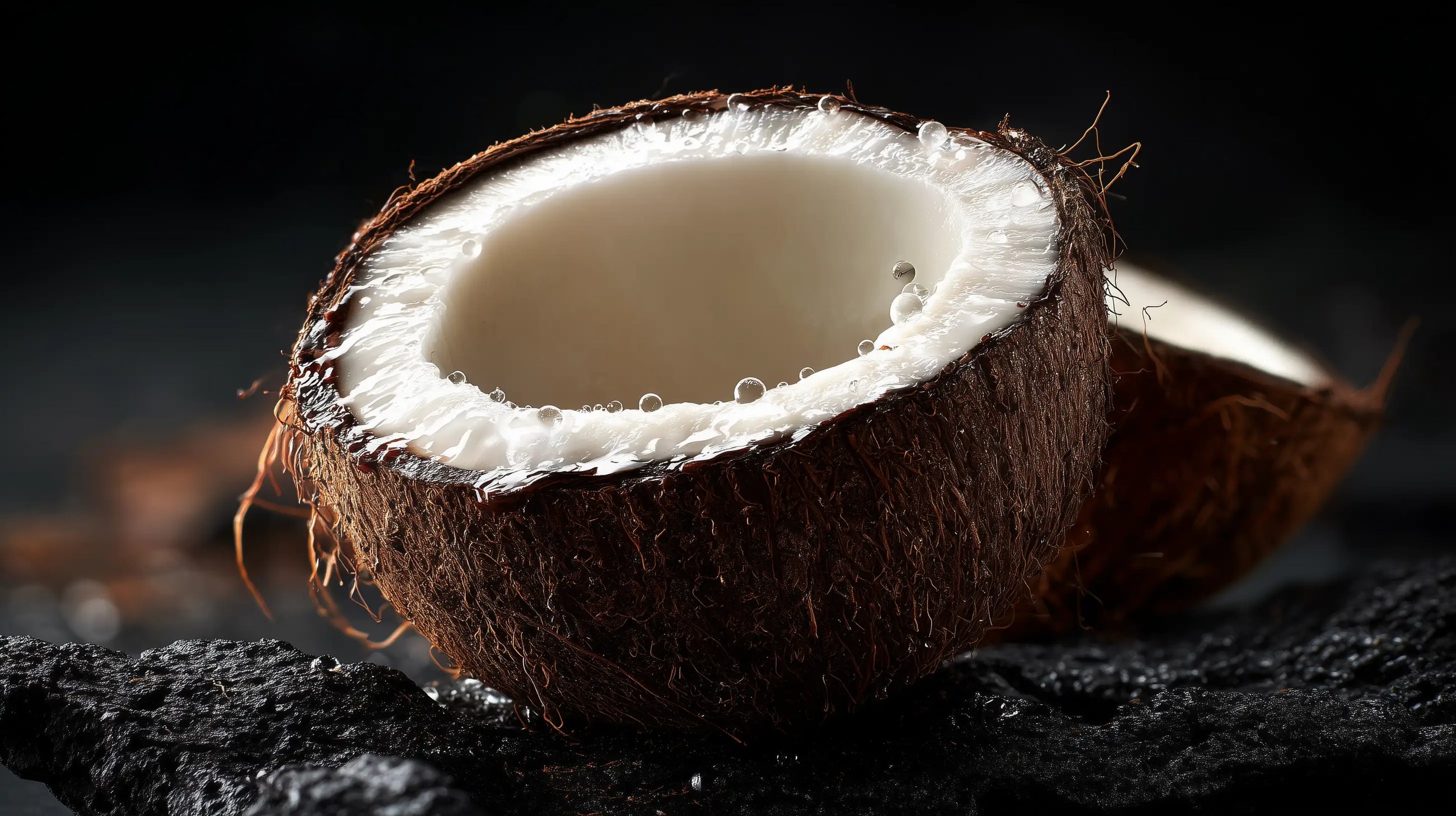 Halved coconut on dark surface close-up, source of gentle coconut surfactant in CLEANSE facial wash