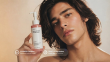 Man holding CLEANSE radiant glow facial wash, COSMOS certified step 1 of any routine callout