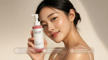 Woman holding CLEANSE radiant glow facial wash, gentle gel-to-foam preserves moisture AM PM use callouts