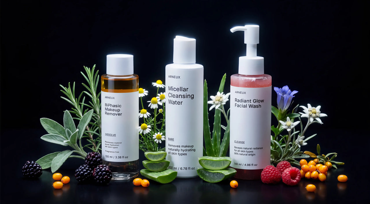 Three ARNEUX skincare bottles arranged on a black background with botanical ingredients around them: a clear bottle of BiPhasic Makeup Remover with amber liquid, a white bottle of Micellar Cleansing Water, and a pink pump bottle of Radiant Glow Facial Wash
