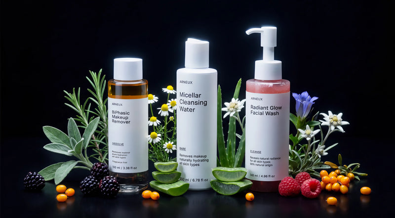 Three ARNEUX skincare bottles arranged on a black background with botanical ingredients around them: a clear bottle of BiPhasic Makeup Remover with amber liquid, a white bottle of Micellar Cleansing Water, and a pink pump bottle of Radiant Glow Facial Wash