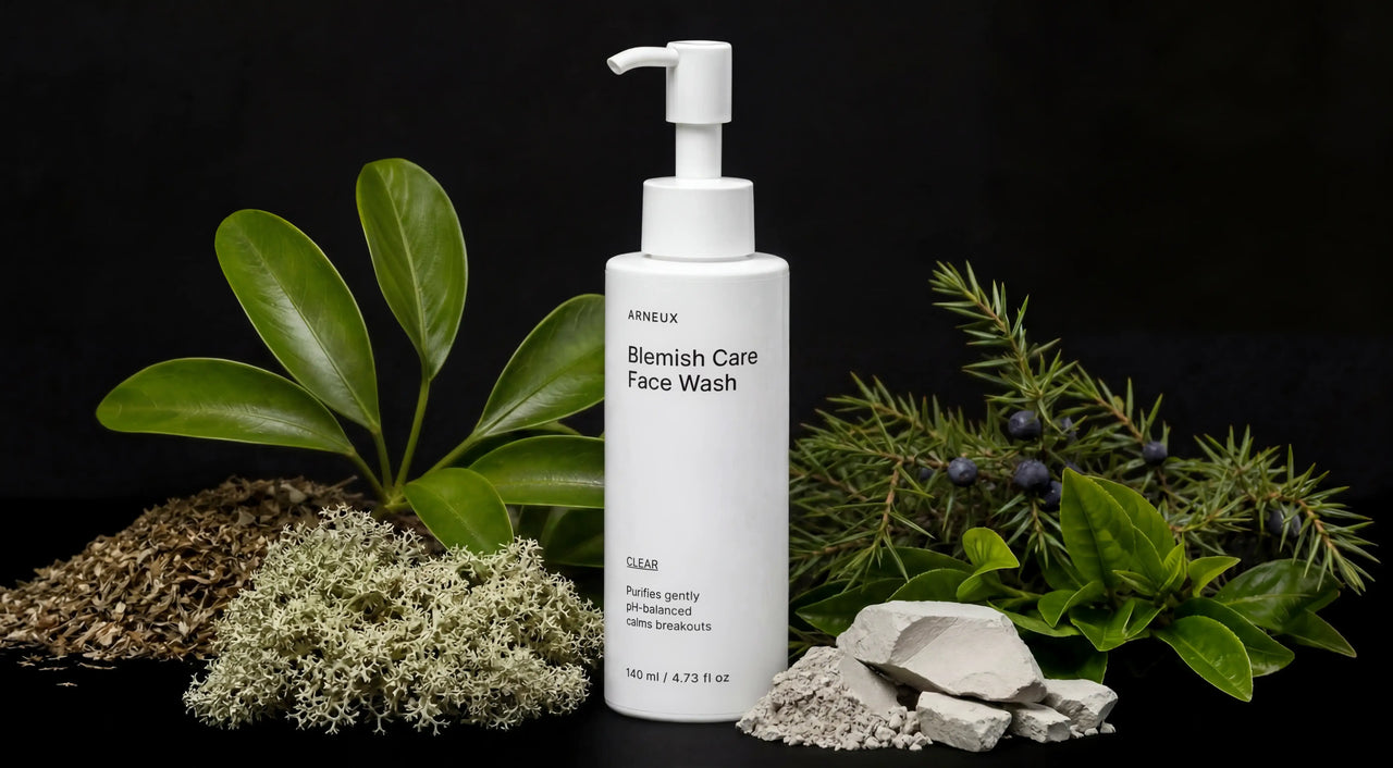 CLEAR face wash bottle with juniper berries, cedar sprigs, clay minerals and Iceland moss on black