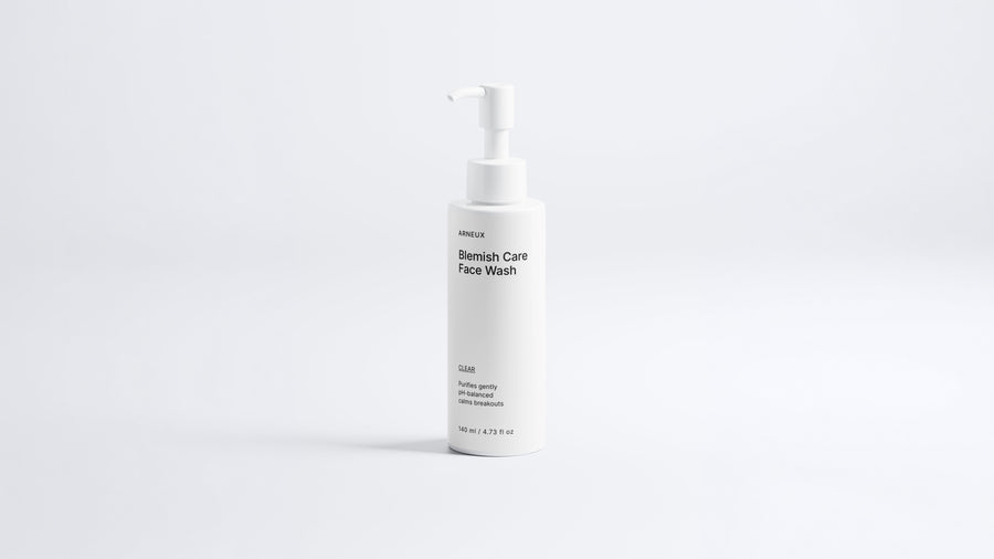Arneux CLEAR blemish care face wash pump bottle, front label on white background