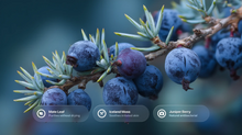 Juniper berries on branch with mate leaf, Iceland moss and juniper berry ingredient callouts
