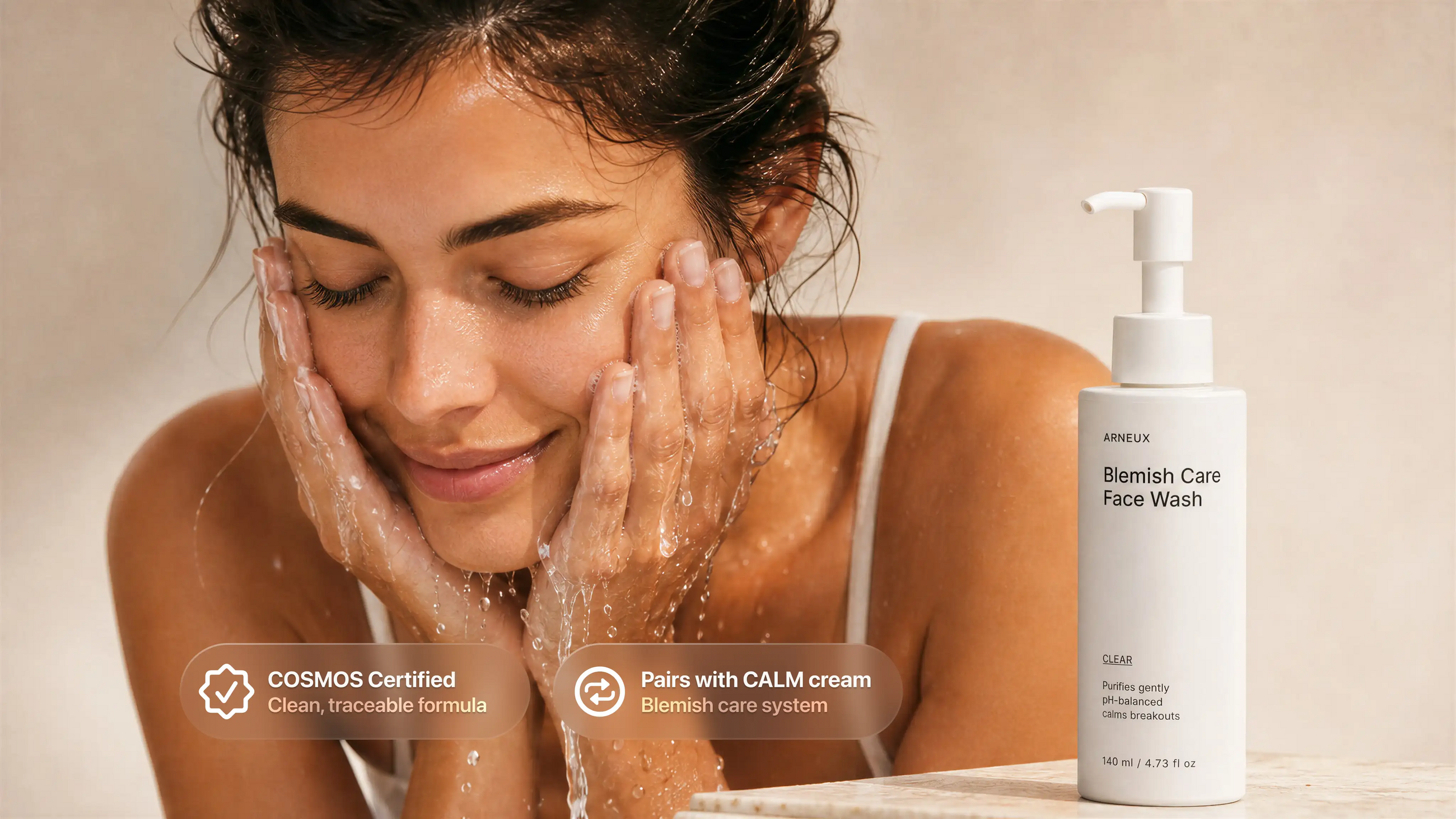 Woman foaming CLEAR blemish face wash between her palms, COSMOS certified clean formula callout