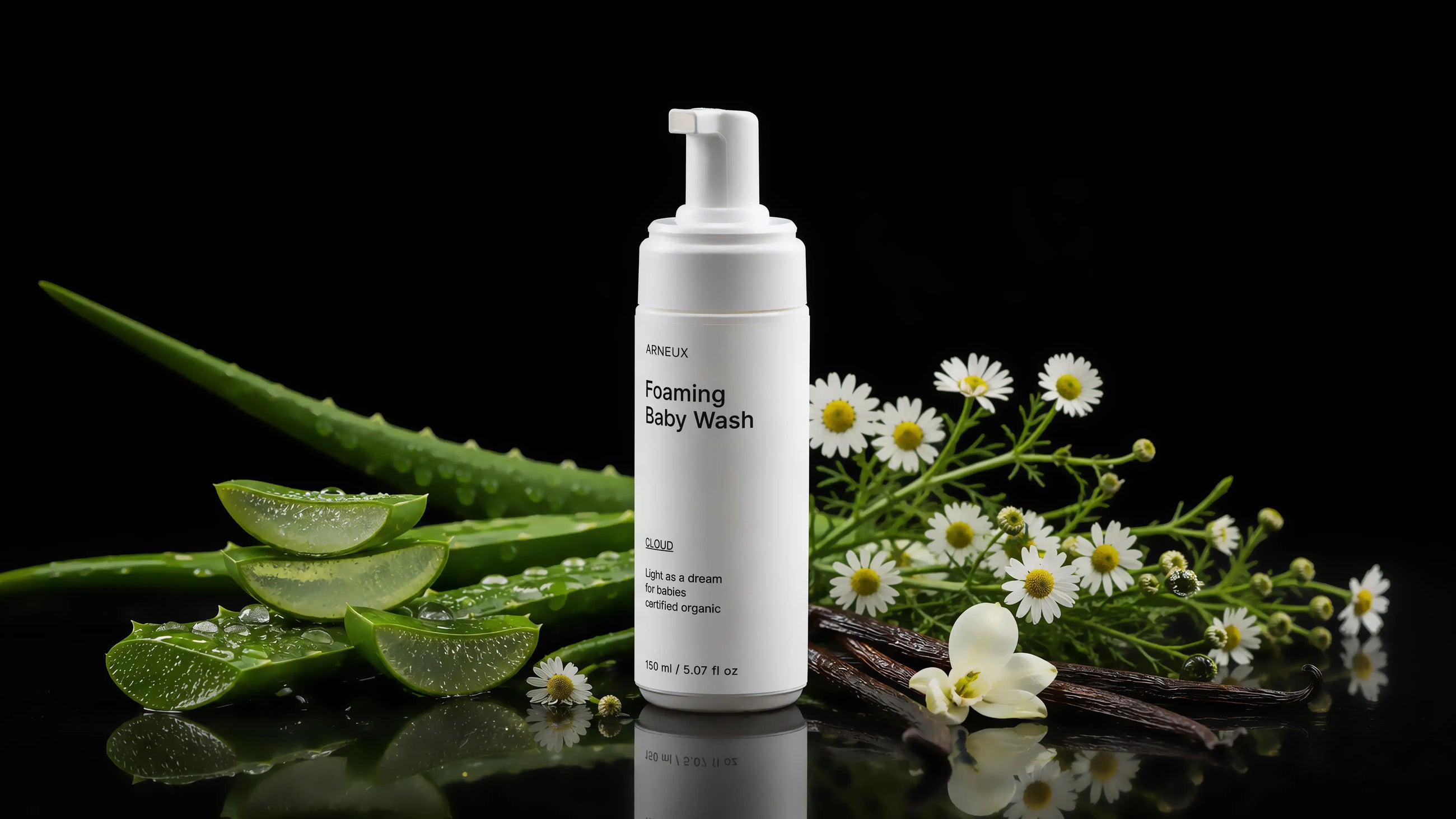CLOUD foaming baby wash bottle with aloe vera, chamomile flowers and vanilla on black background