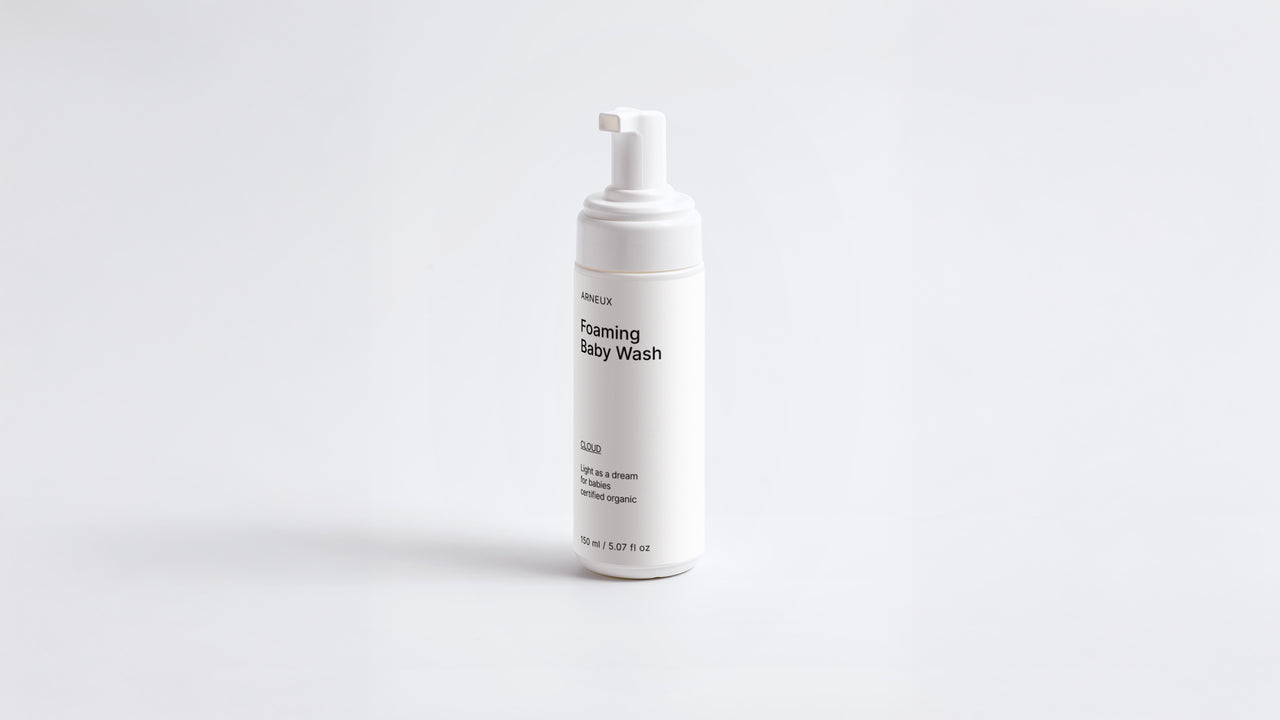 Arneux CLOUD foaming baby wash foam pump bottle, front label view on light grey background