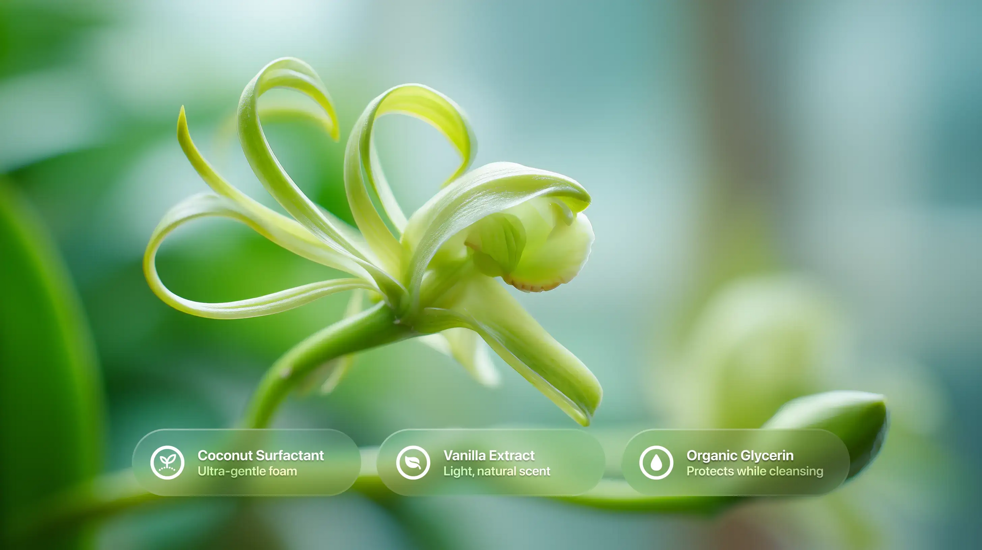 Green vanilla orchid plant with coconut surfactant, vanilla extract and organic glycerin ingredient callouts