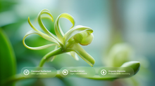 Green vanilla orchid plant with coconut surfactant, vanilla extract and organic glycerin ingredient callouts