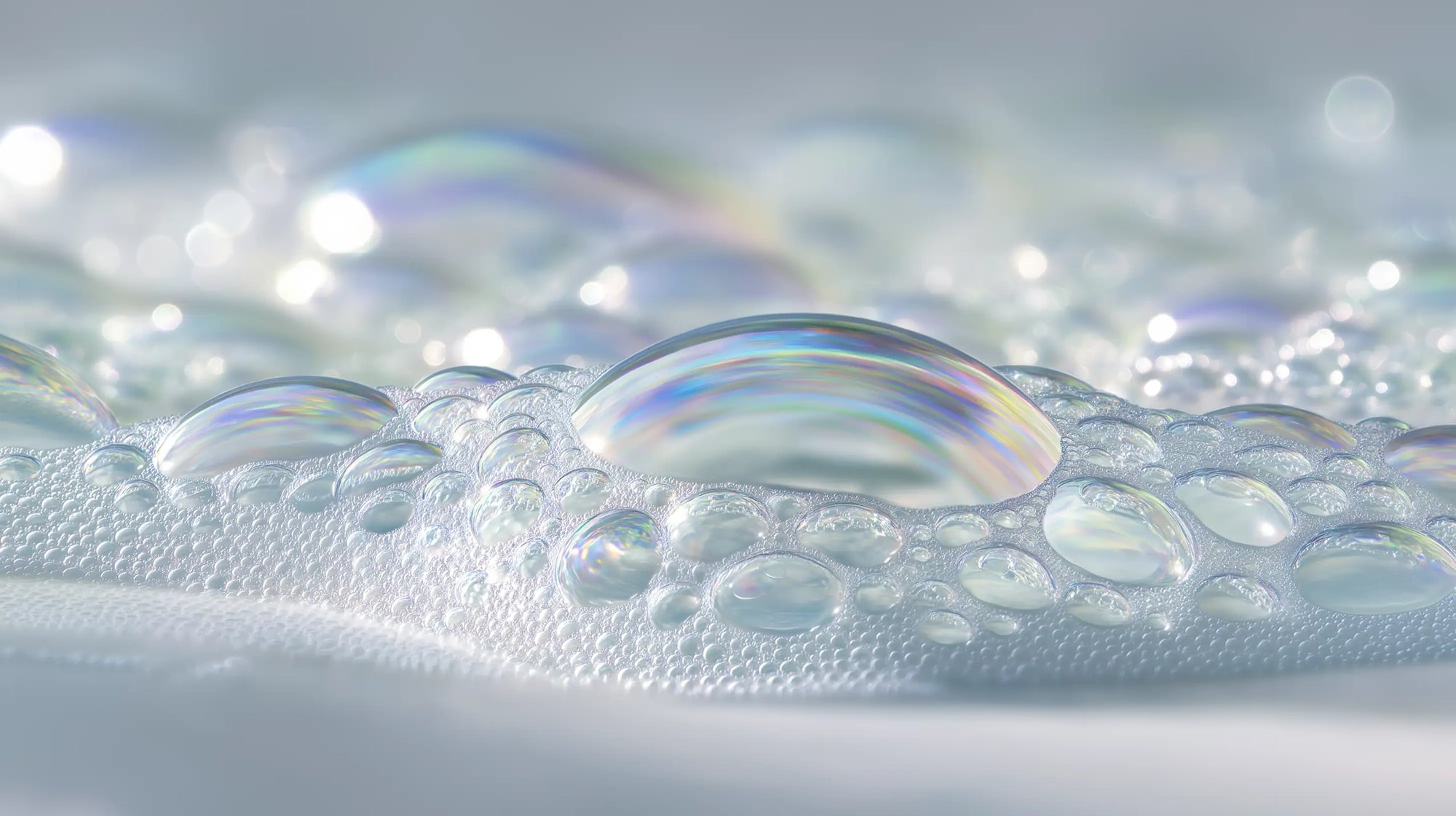 Iridescent soap bubbles and cloud foam texture close-up, gentle no-rub formula from CLOUD baby wash
