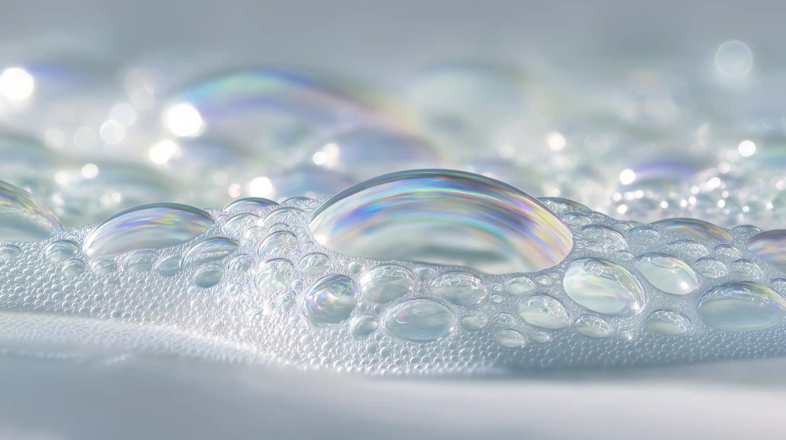 Iridescent soap bubbles and cloud foam texture close-up, gentle no-rub formula from CLOUD baby wash
