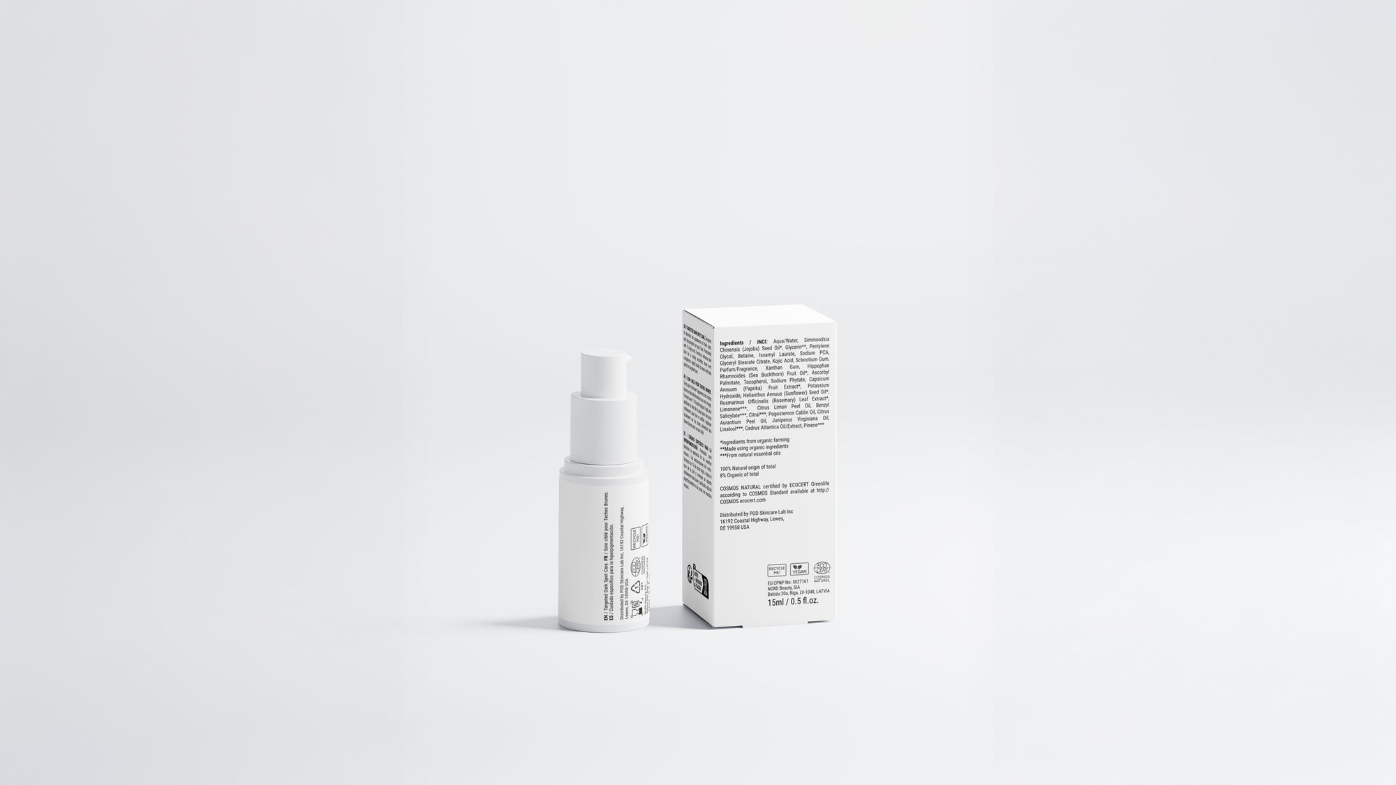 CORRECT dark spot care bottle beside box back panel showing ingredient list