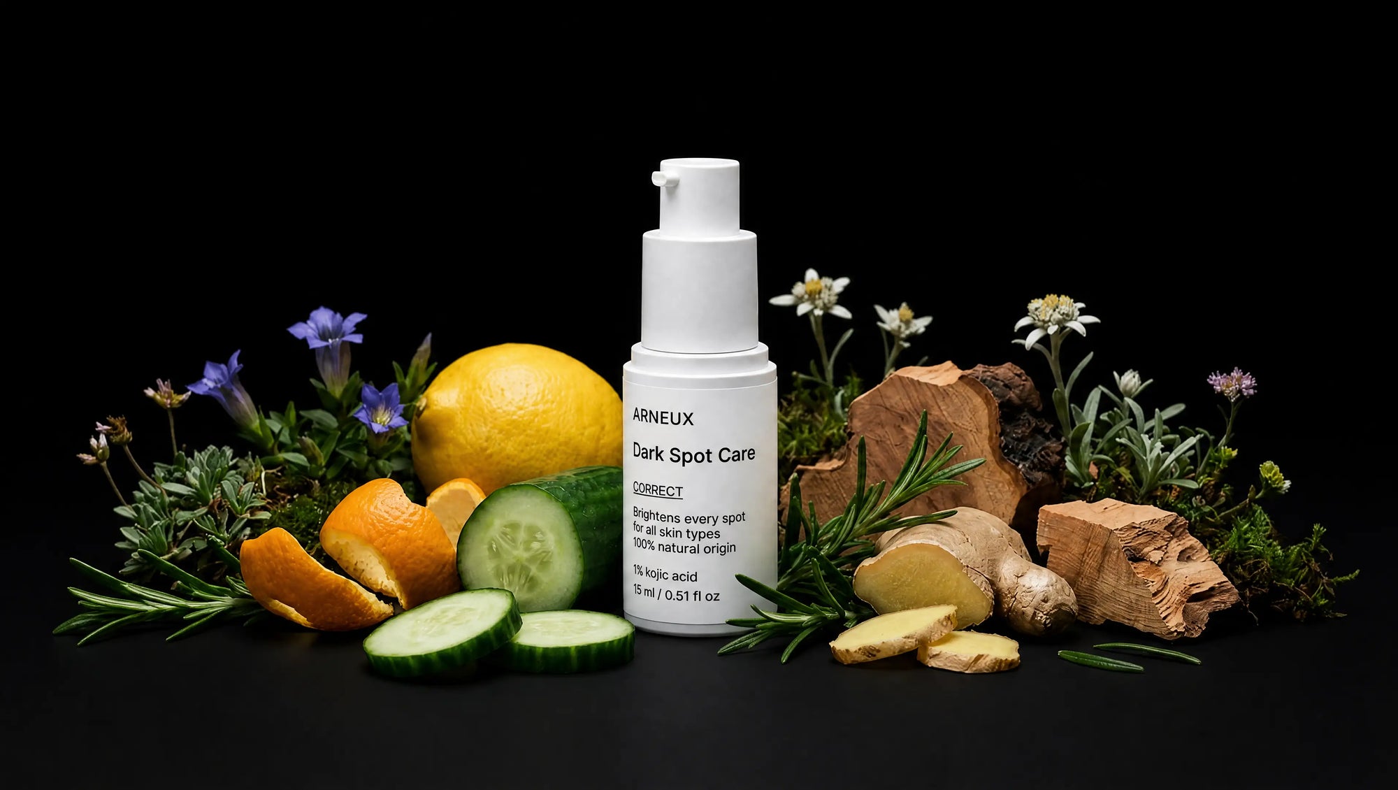 CORRECT dark spot care bottle with lemon, cucumber, edelweiss, rosemary and ginger on black