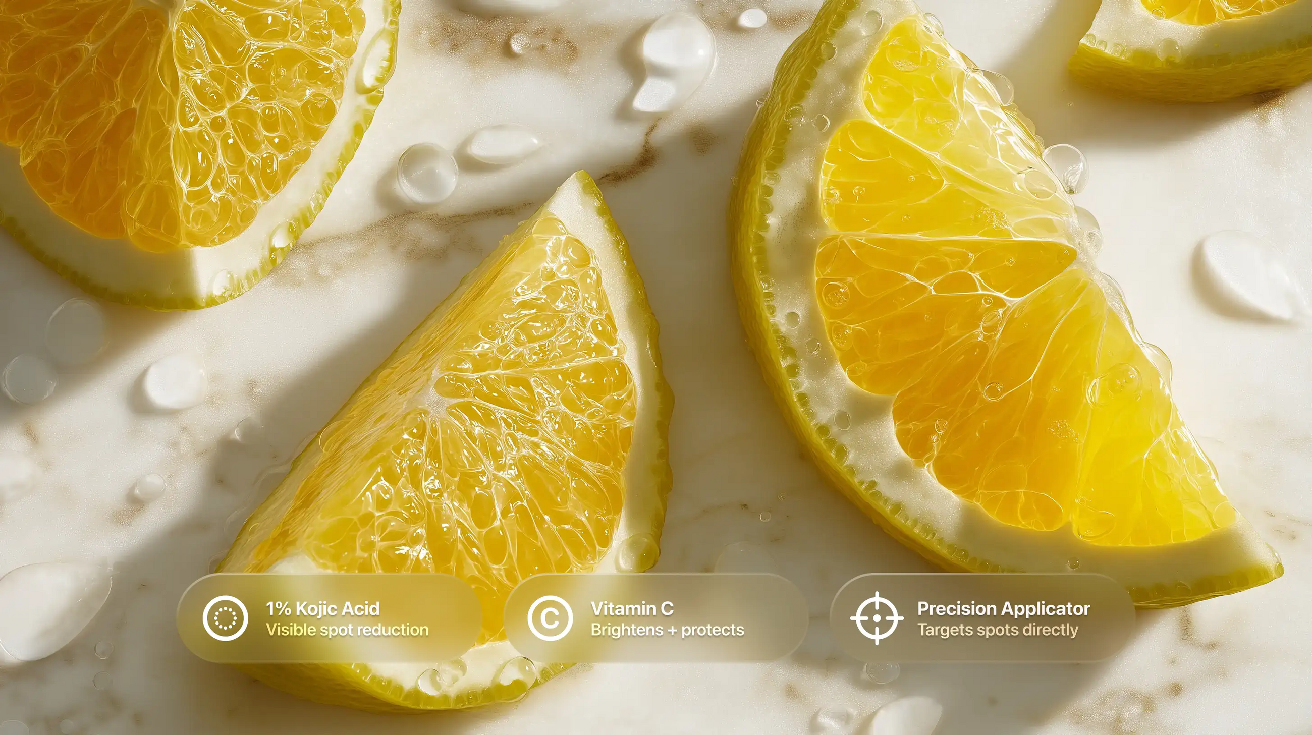 Lemon wedges with 1% kojic acid, vitamin C and precision applicator ingredient callouts
