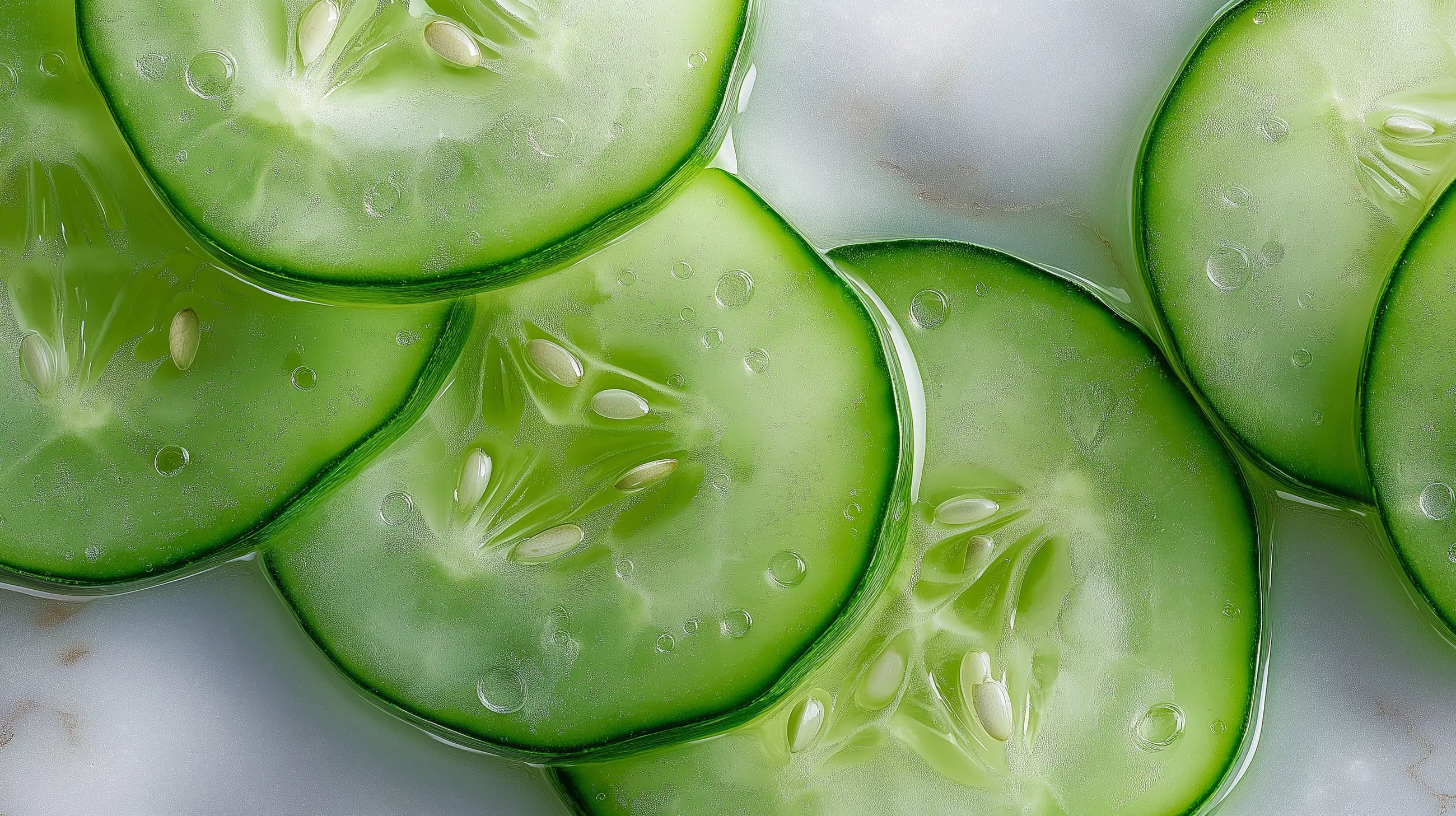 Fresh cucumber slices from above showing seeds close-up, brightening ingredient in CORRECT dark spot care