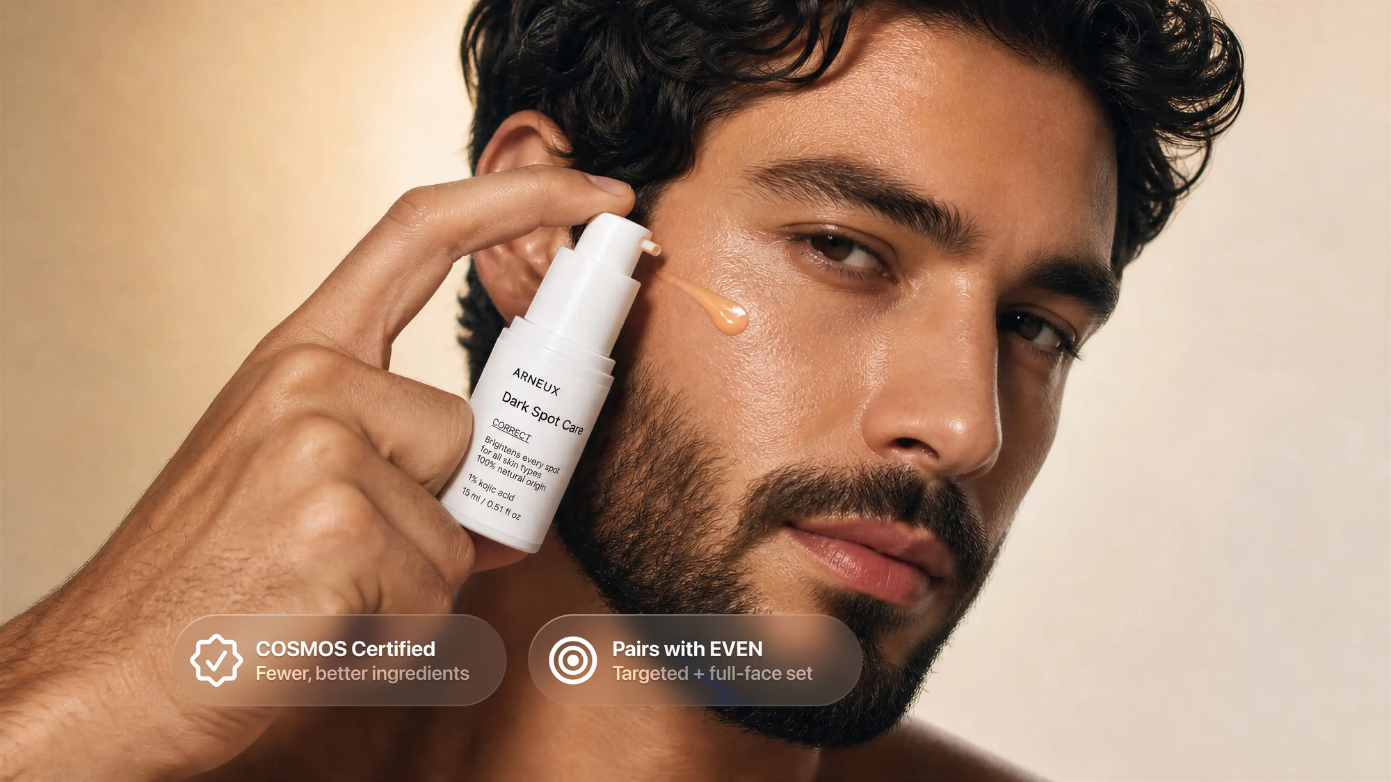 Man applying CORRECT dark spot care to cheek, COSMOS certified pairs with EVEN callout