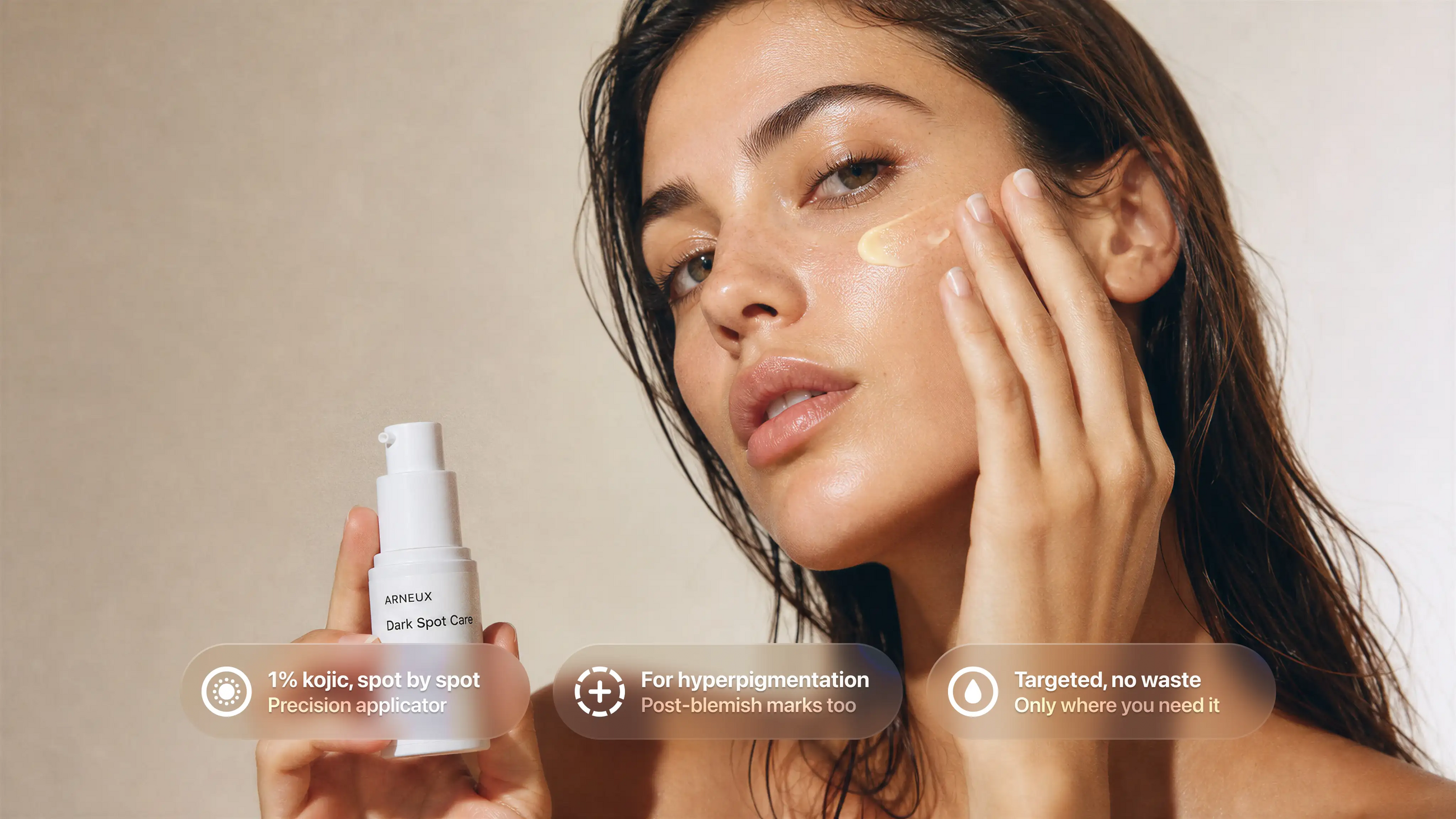 Woman applying CORRECT dark spot care with precision applicator to cheek, 1% kojic acid targeted callouts