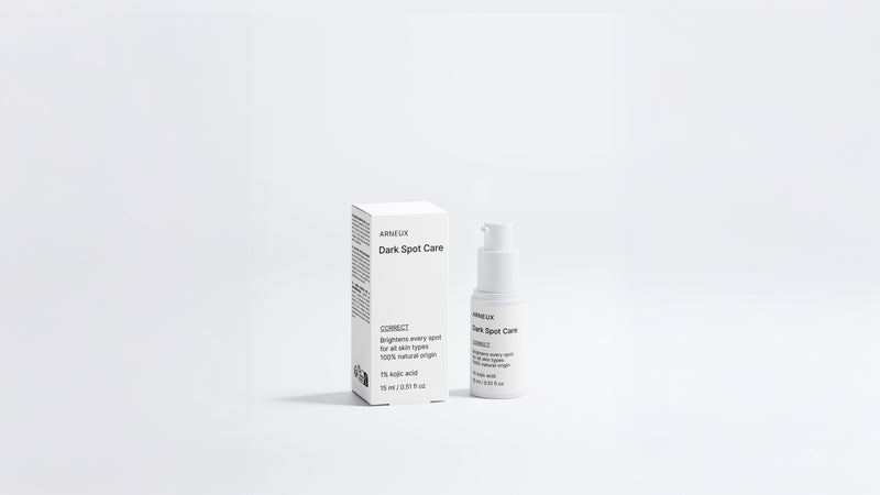 CORRECT dark spot care bottle and box packaging set on grey background