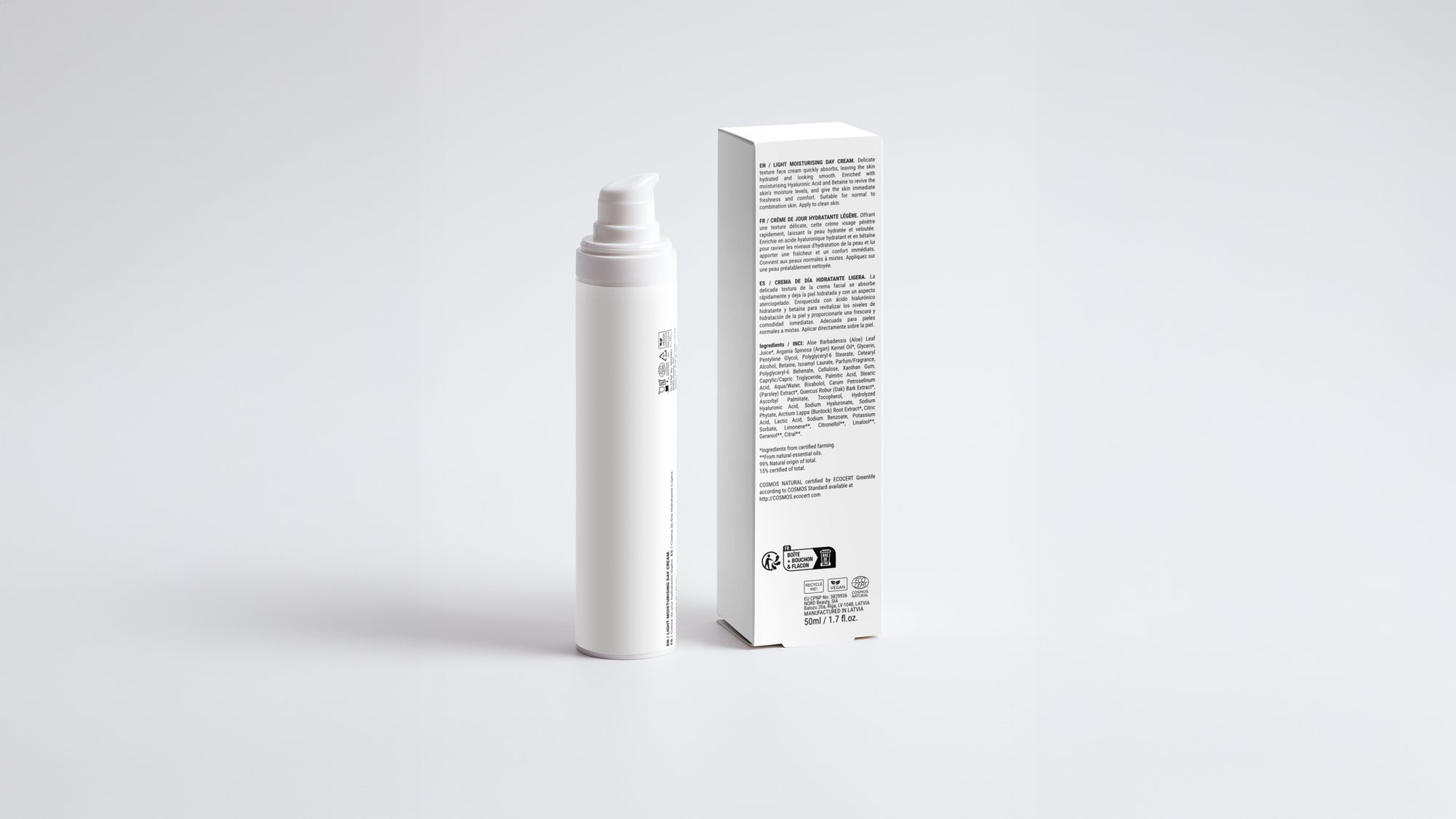 DAY moisturizing light cream bottle beside box back panel showing full ingredient list