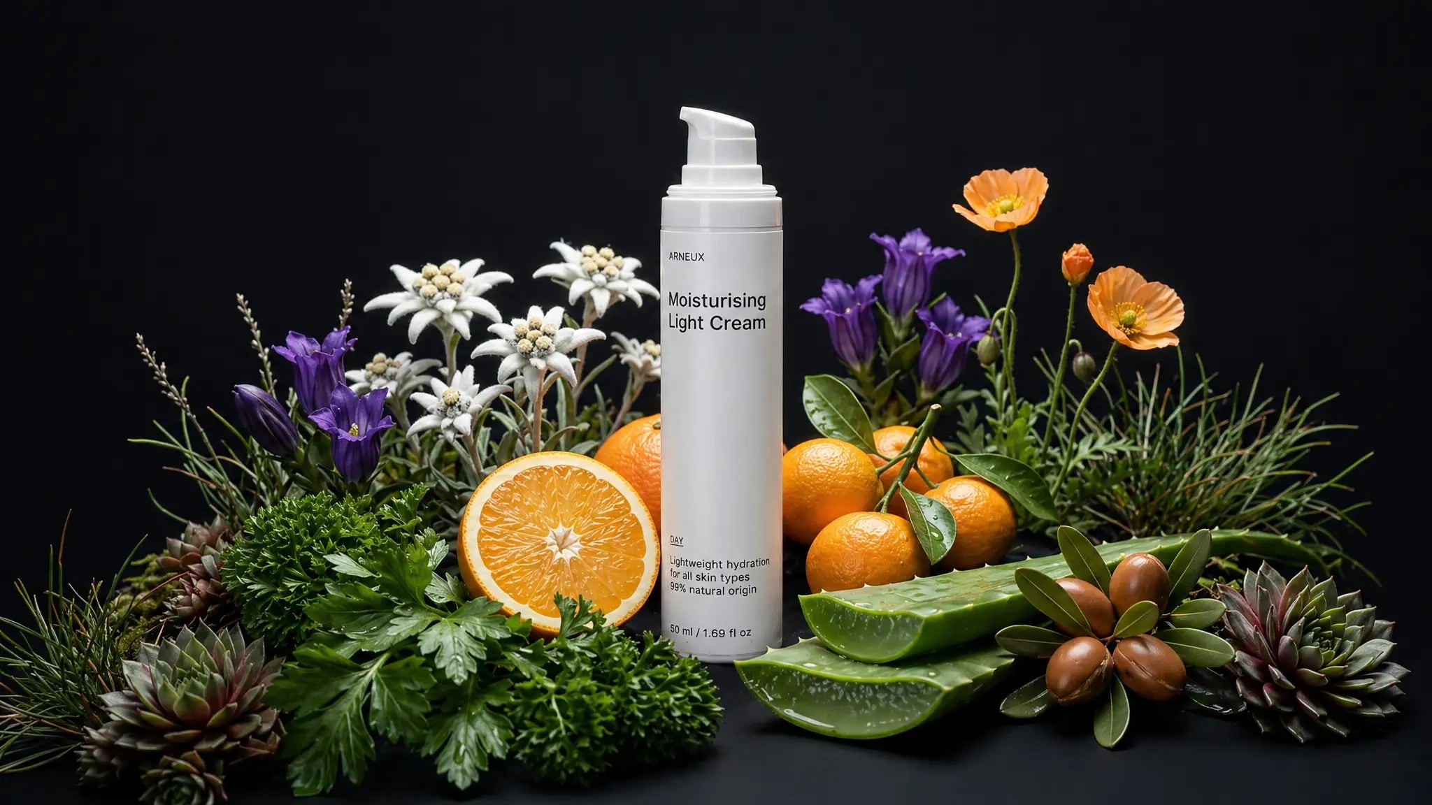 DAY light cream bottle with edelweiss, orange poppies, tangerines, argan nuts and aloe on black