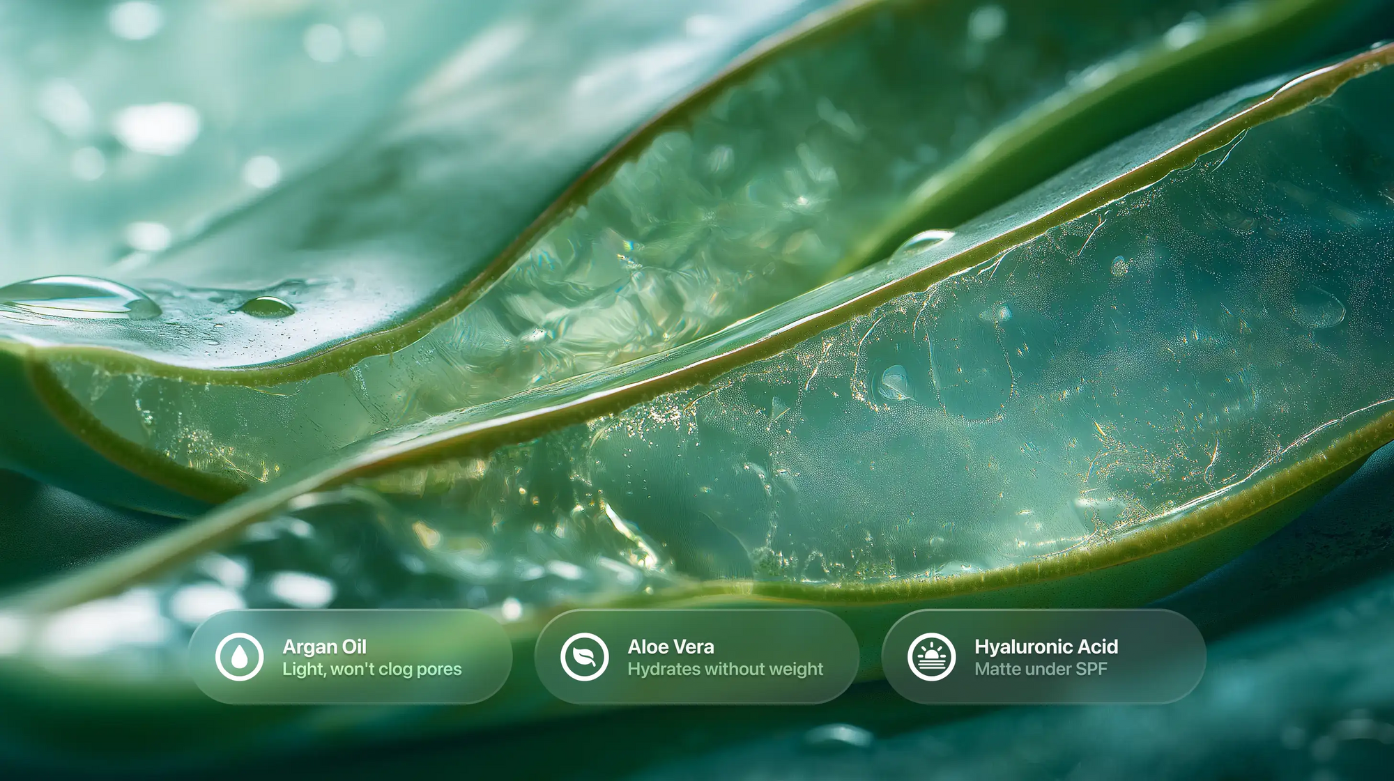Aloe vera leaf cross-section with argan oil, aloe vera and hyaluronic acid ingredient callouts