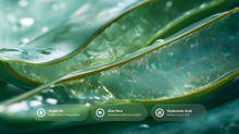 Aloe vera leaf cross-section with argan oil, aloe vera and hyaluronic acid ingredient callouts