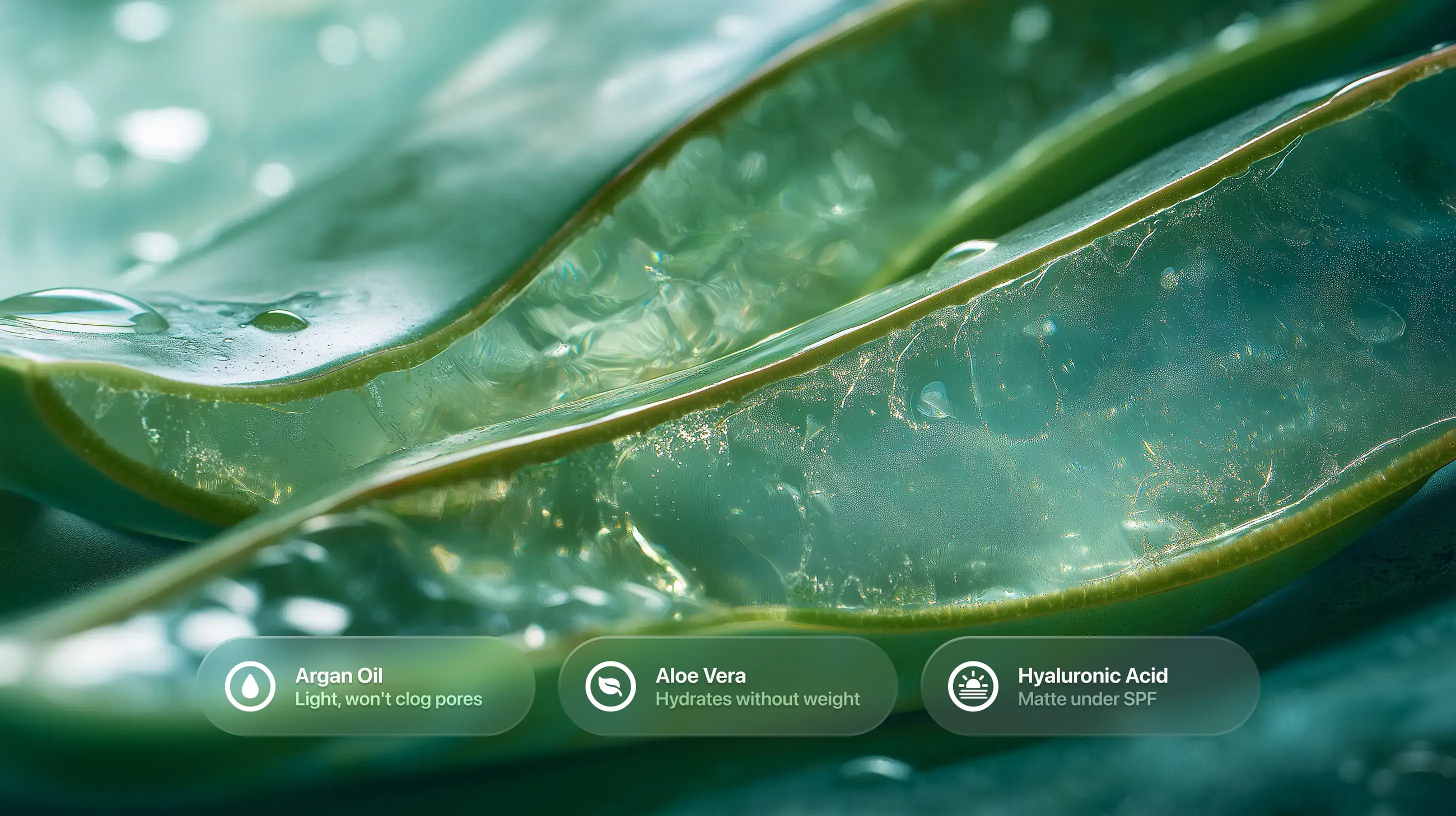 Aloe vera leaf cross-section with argan oil, aloe vera and hyaluronic acid ingredient callouts