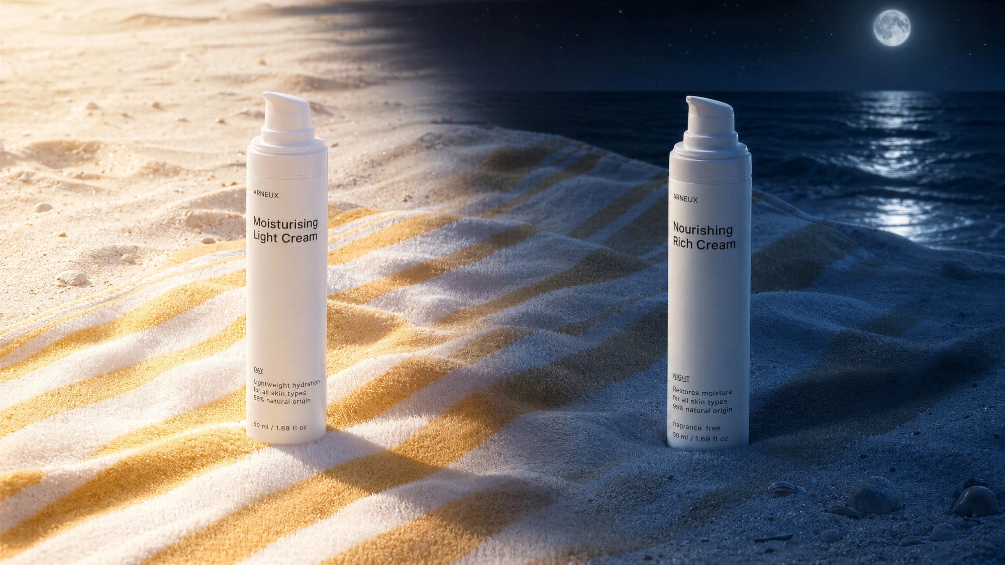 DAY moisturizing light cream and NIGHT rich cream bottles paired together in evening moonlit scene