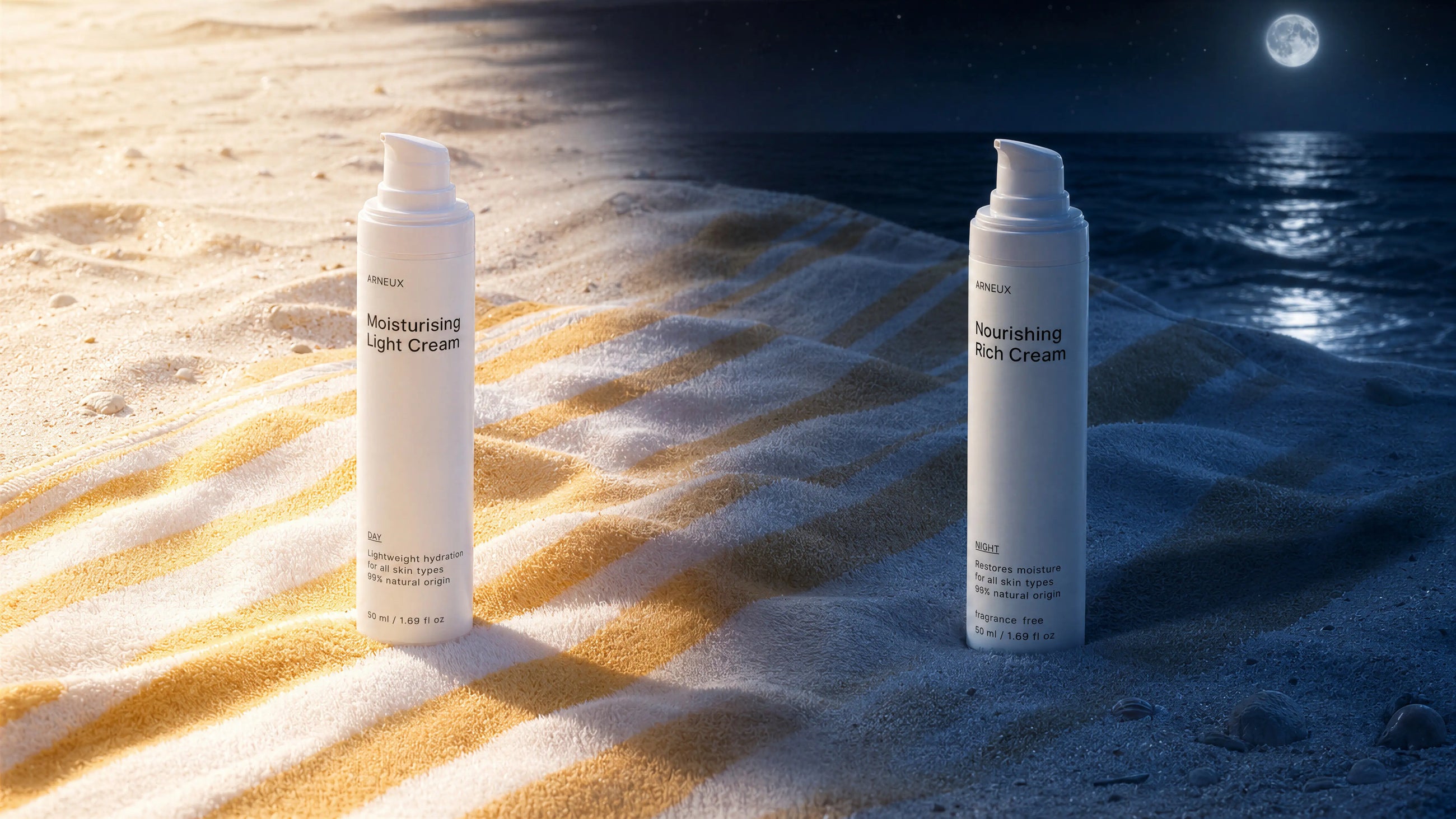 DAY moisturizing light cream and NIGHT rich cream bottles paired together in evening moonlit scene
