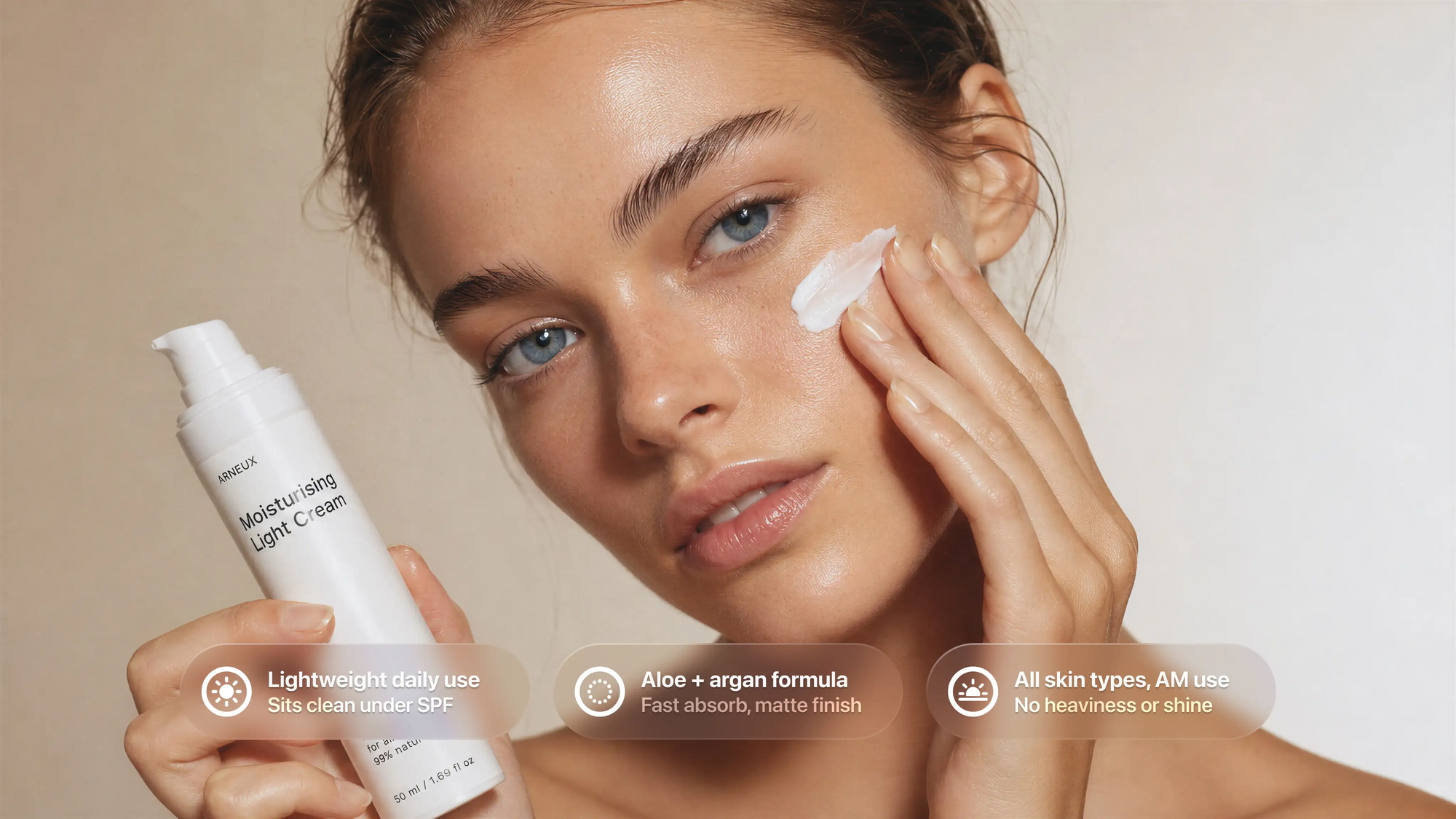Woman applying DAY light cream to cheek, lightweight daily use aloe argan fast absorb matte callouts