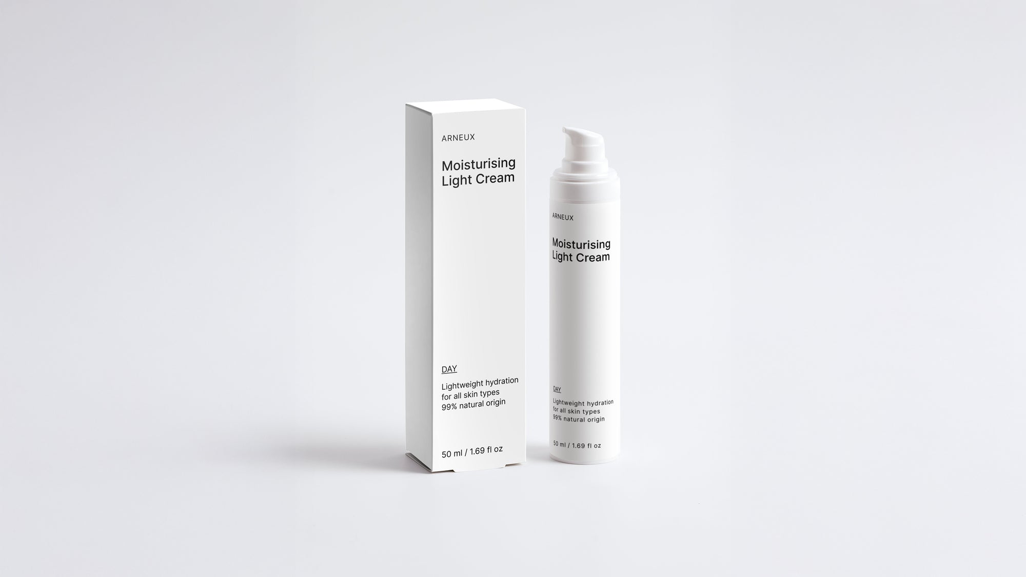 DAY moisturizing light cream bottle and box packaging set on grey background