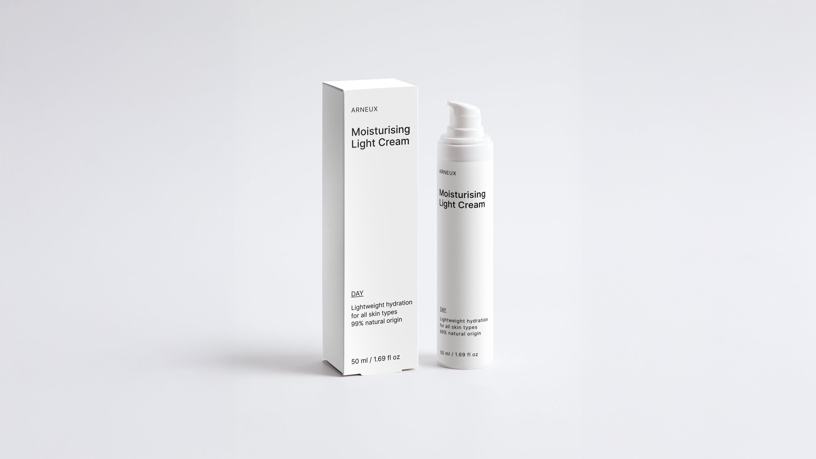 DAY moisturizing light cream bottle and box packaging set on grey background