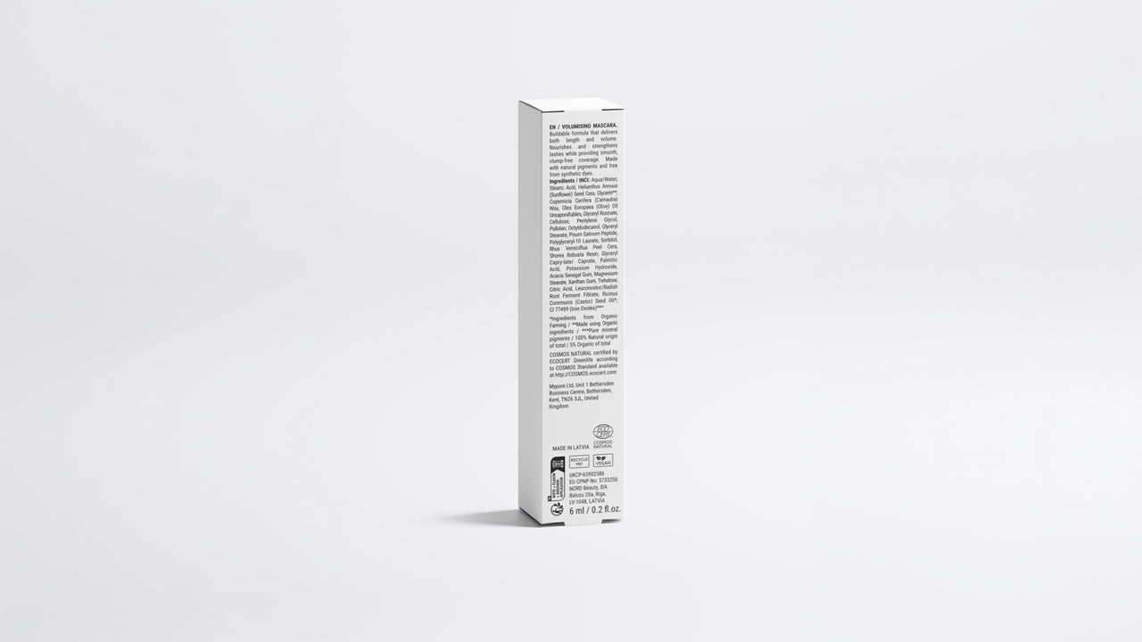 DEFINE mascara box back panel showing full ingredient list and application directions
