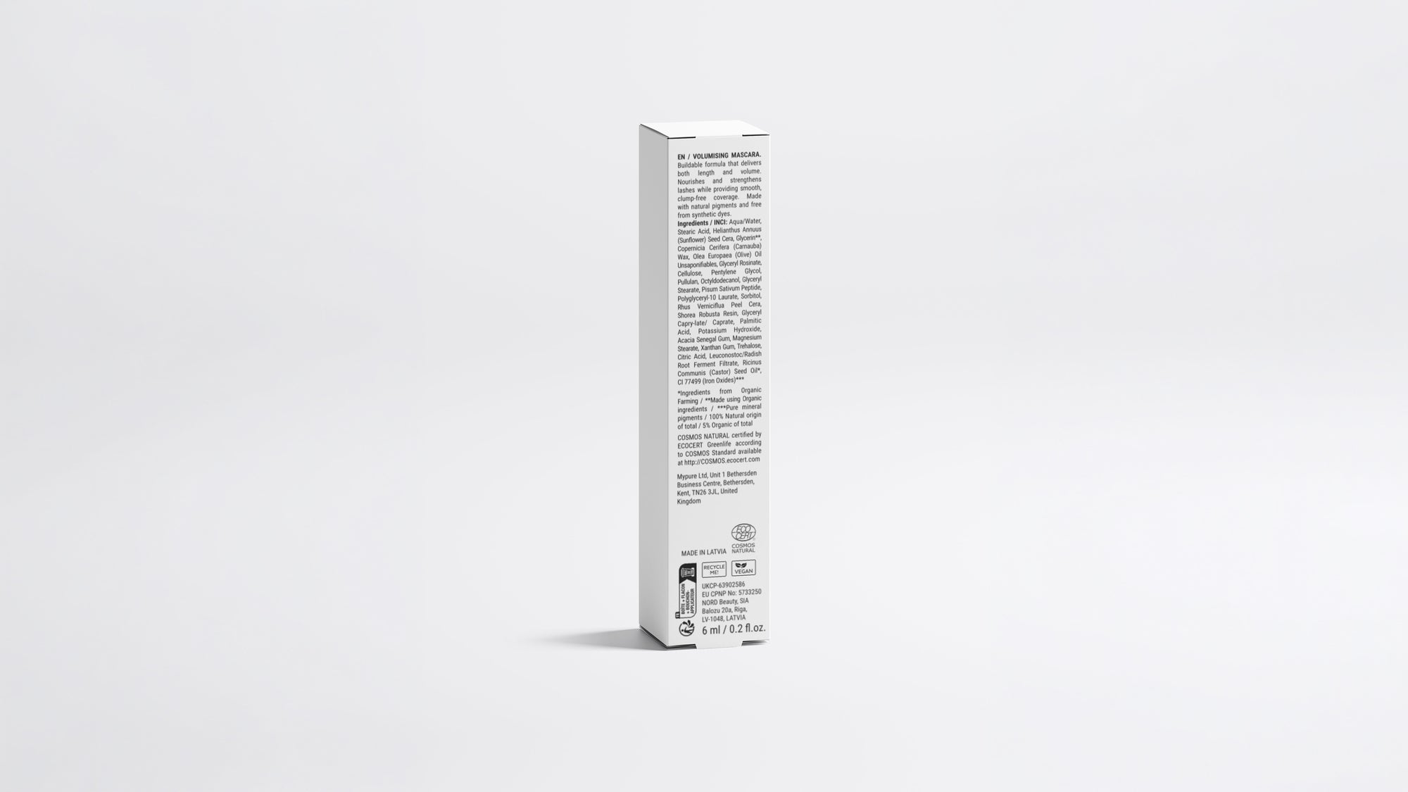DEFINE mascara box back panel showing full ingredient list and application directions