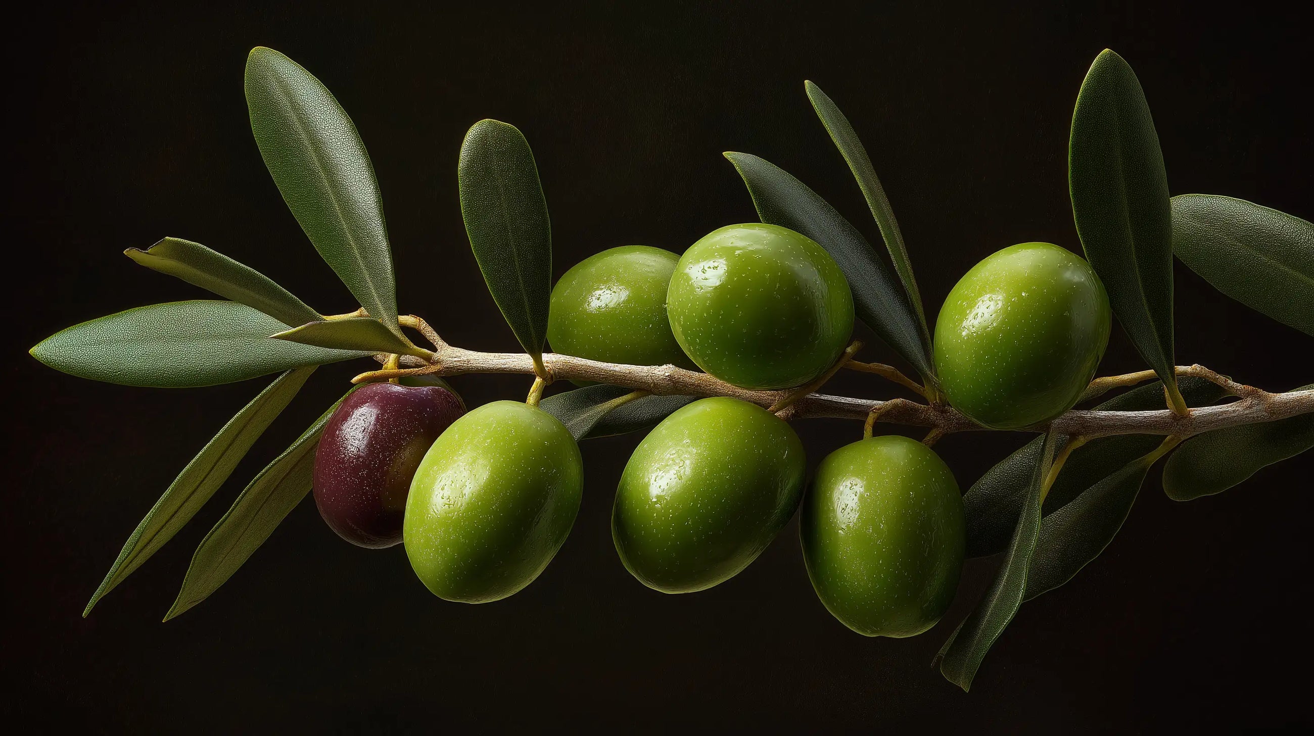 Fresh green olives on branch close-up, conditioning olive unsaponifiables ingredient in DEFINE mascara