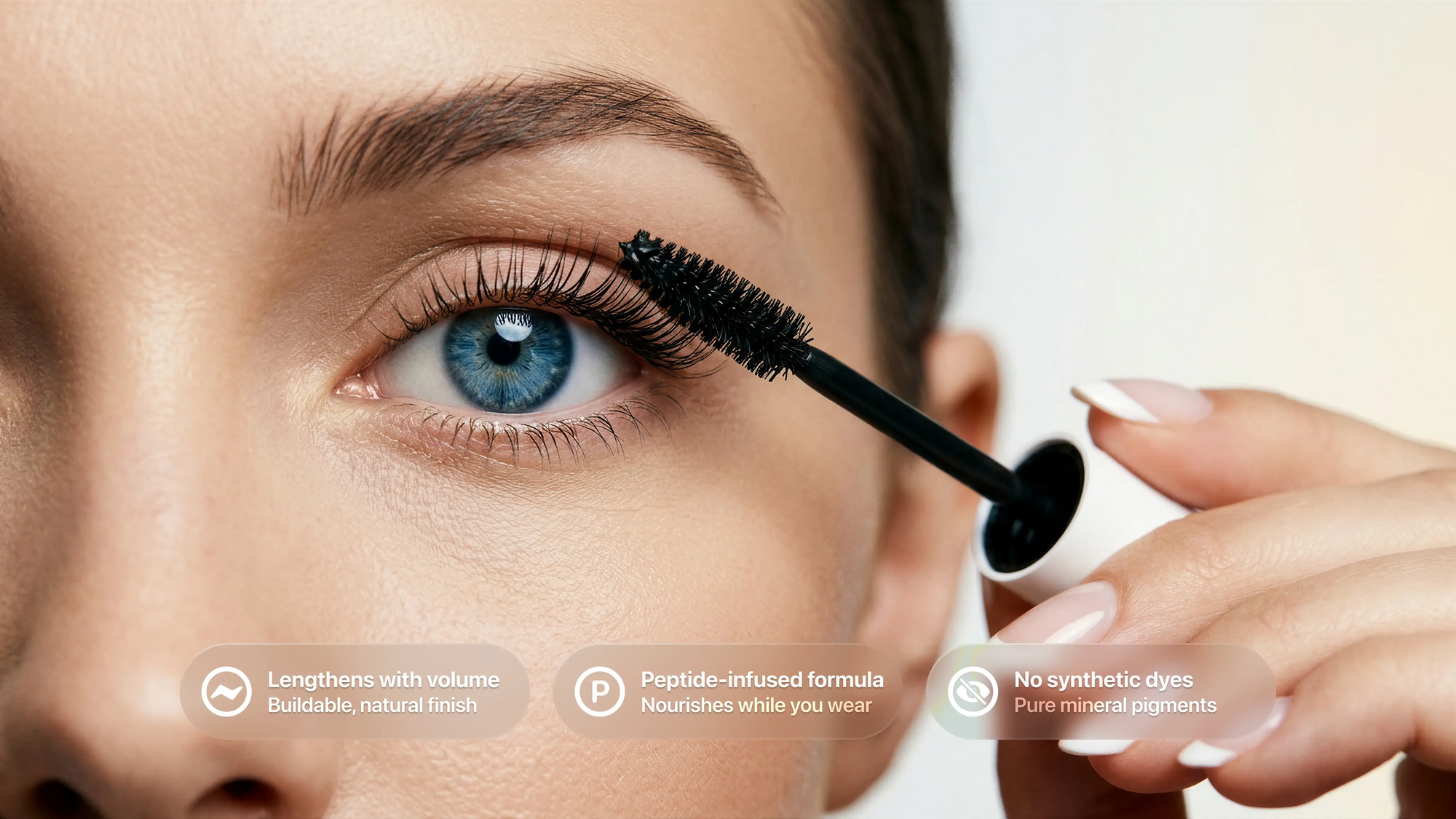 Woman applying DEFINE mascara wand to upper lashes, lengthens with volume and no synthetic dyes callouts