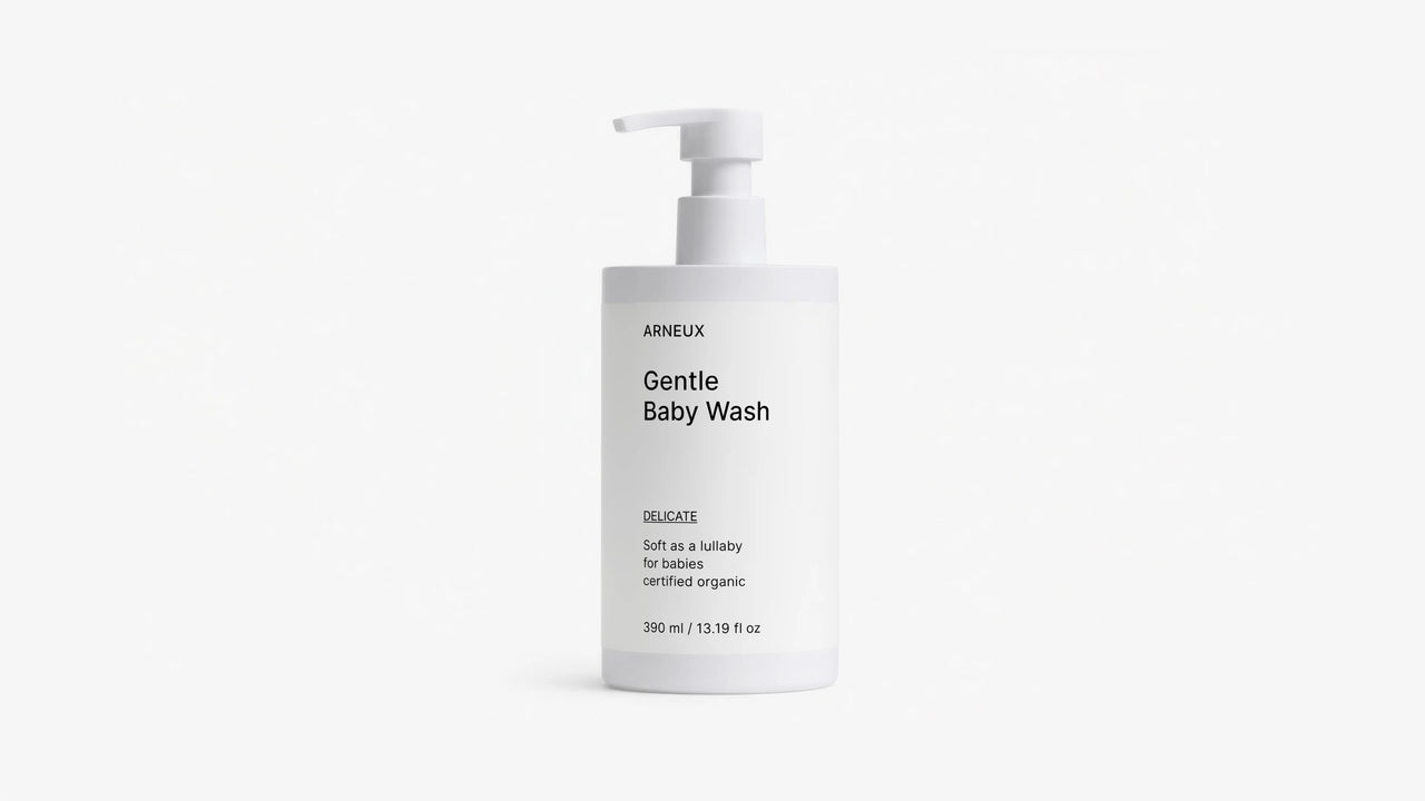 Arneux DELICATE gentle baby wash pump bottle, front label view on light grey background