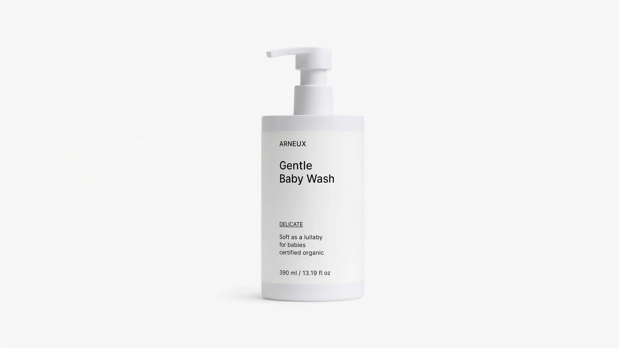Arneux DELICATE gentle baby wash pump bottle, front label view on light grey background