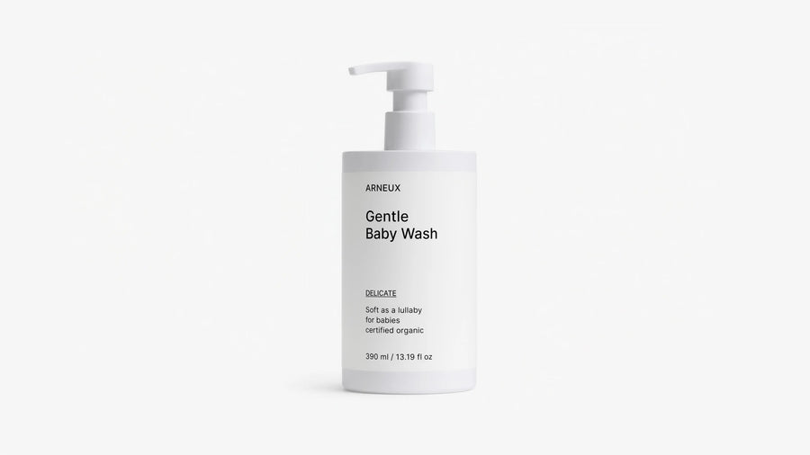 Arneux DELICATE gentle baby wash pump bottle, front label view on light grey background