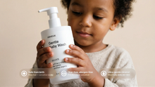 Young toddler holding DELICATE baby wash, safe from birth tear-free allergen-free ultra-gentle cleanse callouts