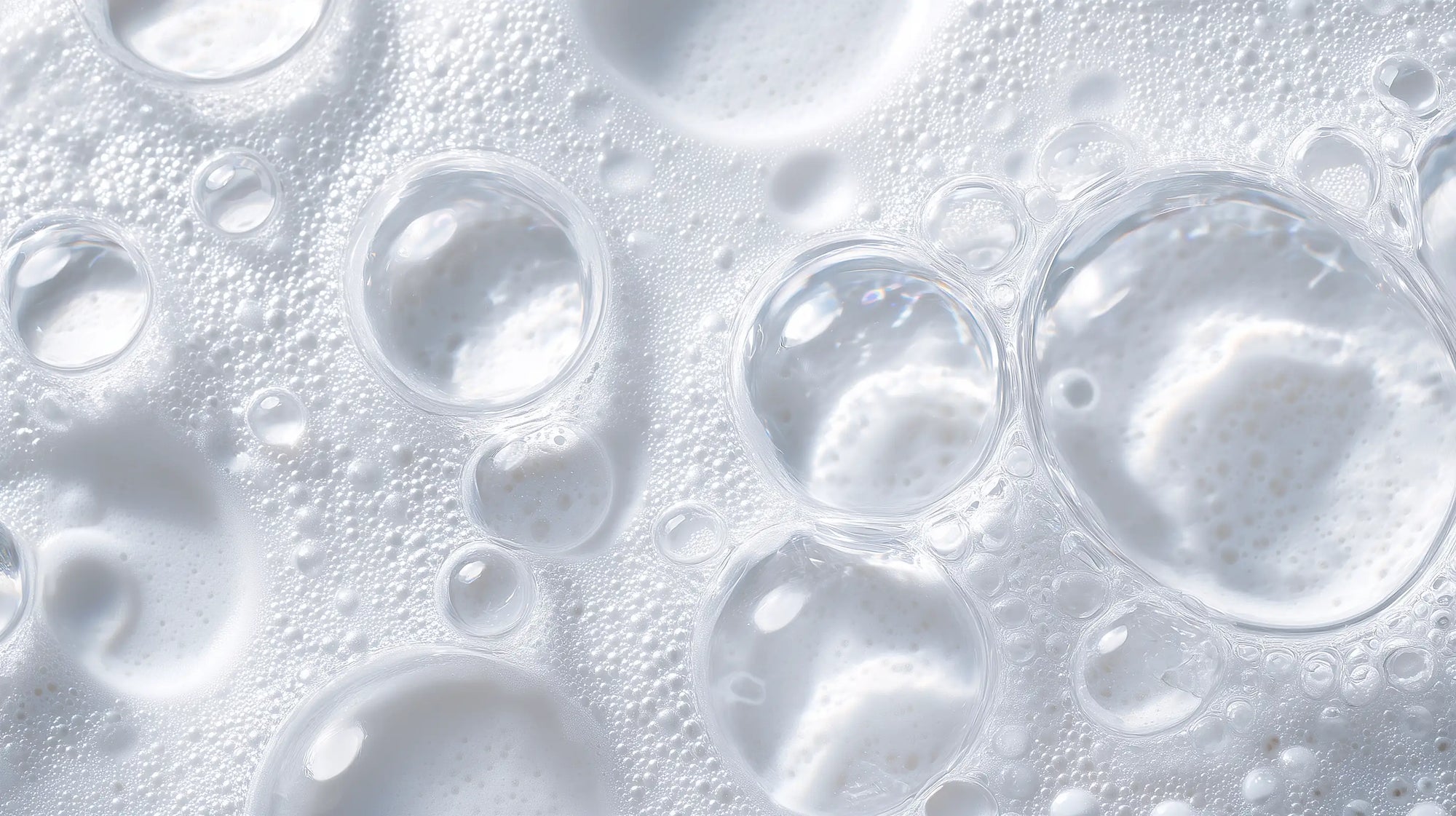 Clear water droplets and soap bubbles texture close-up, ultra-gentle tear-free formula from DELICATE baby wash