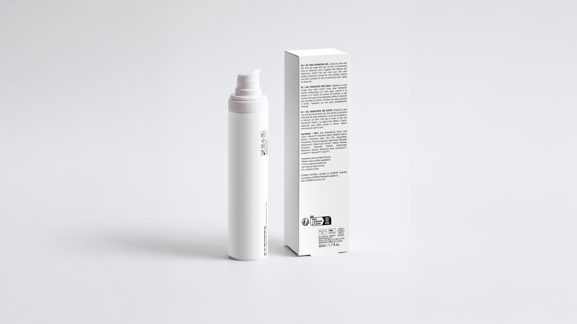 DEW hydrating gel bottle beside box, side view showing back label ingredient list