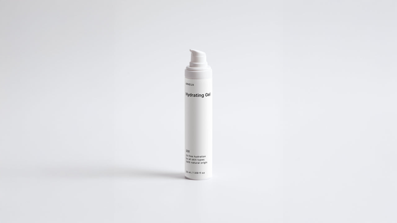 Arneux DEW hydrating gel pump bottle, front label on white background