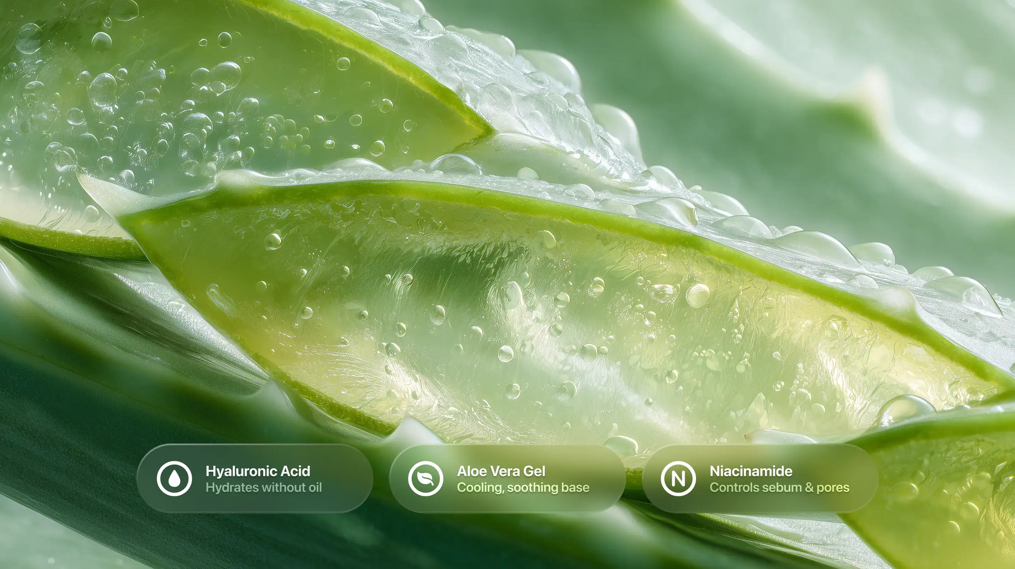 Aloe vera leaf cross-section with hyaluronic acid, aloe vera gel and niacinamide ingredient callouts