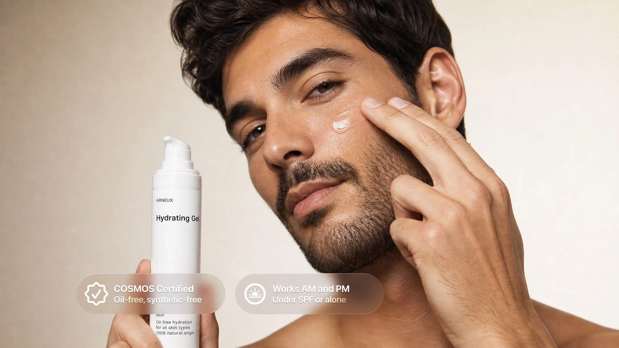 Man tapping DEW hydrating gel into cheek, COSMOS certified works AM and PM callout