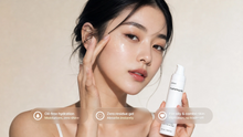 Woman tapping DEW hydrating gel to cheek, oil-free zero residue formula for oily skin callouts